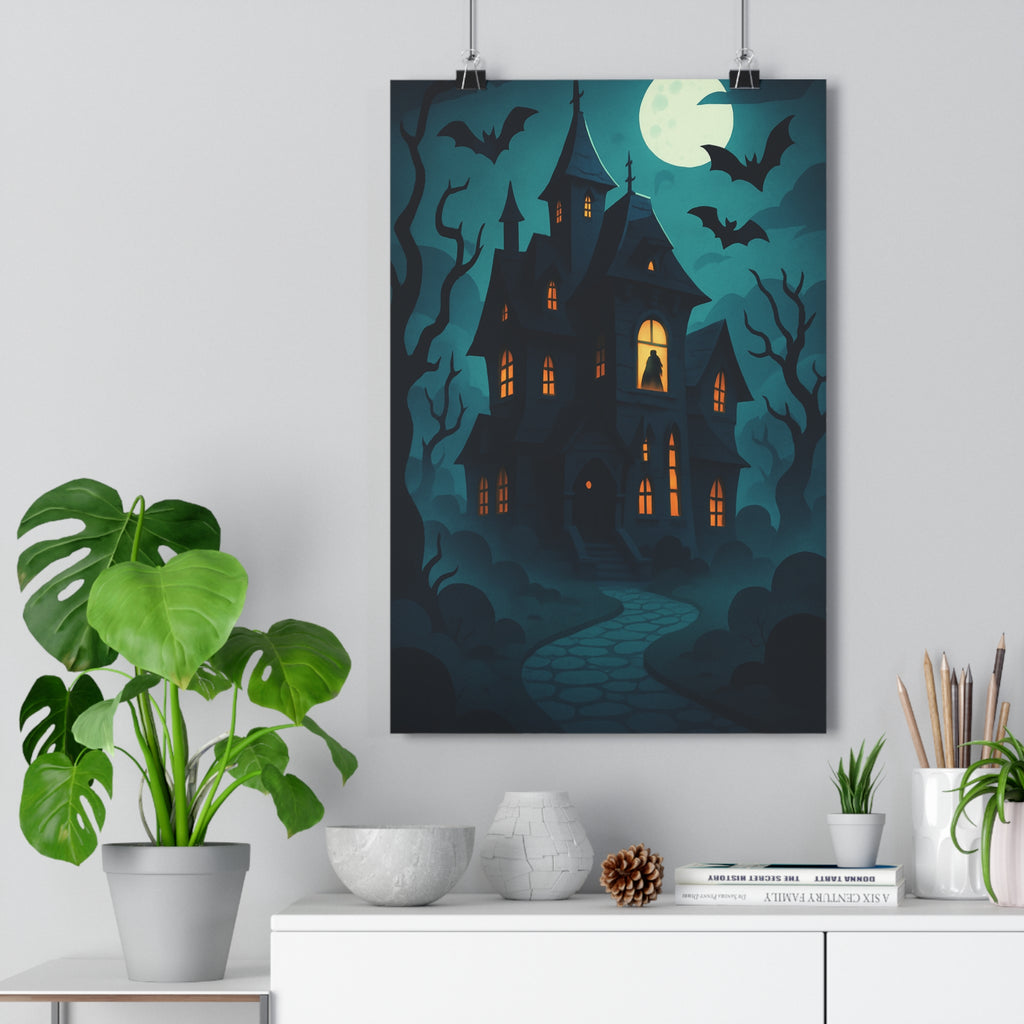 Poster décoratif maison hantée bleu nuit orange cartoon mystique chambre enfant silhouette mystérieuse arbres