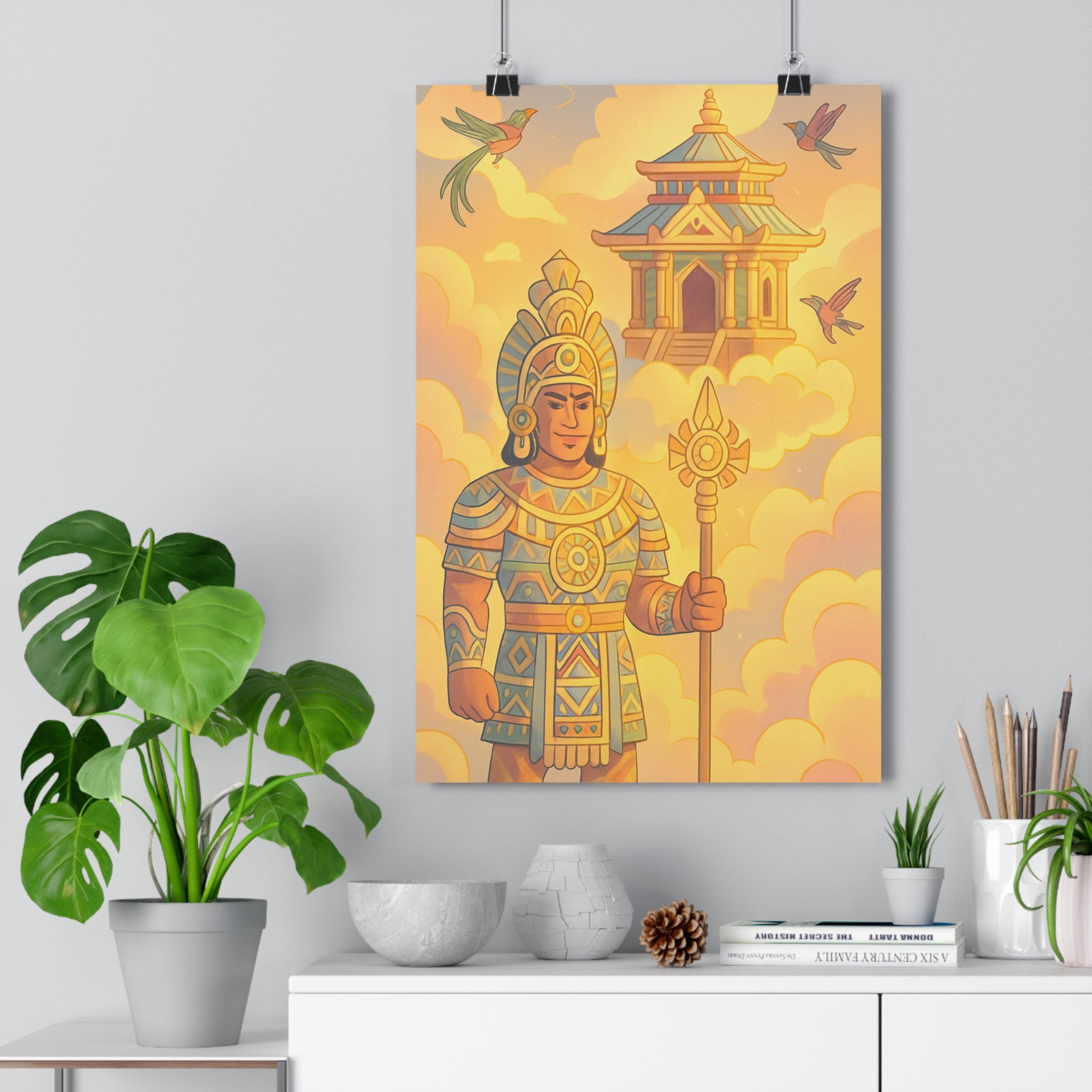 Poster décoratif cartoon doré bleu mystique temple céleste salon chambre bureau mural ambiance élégante