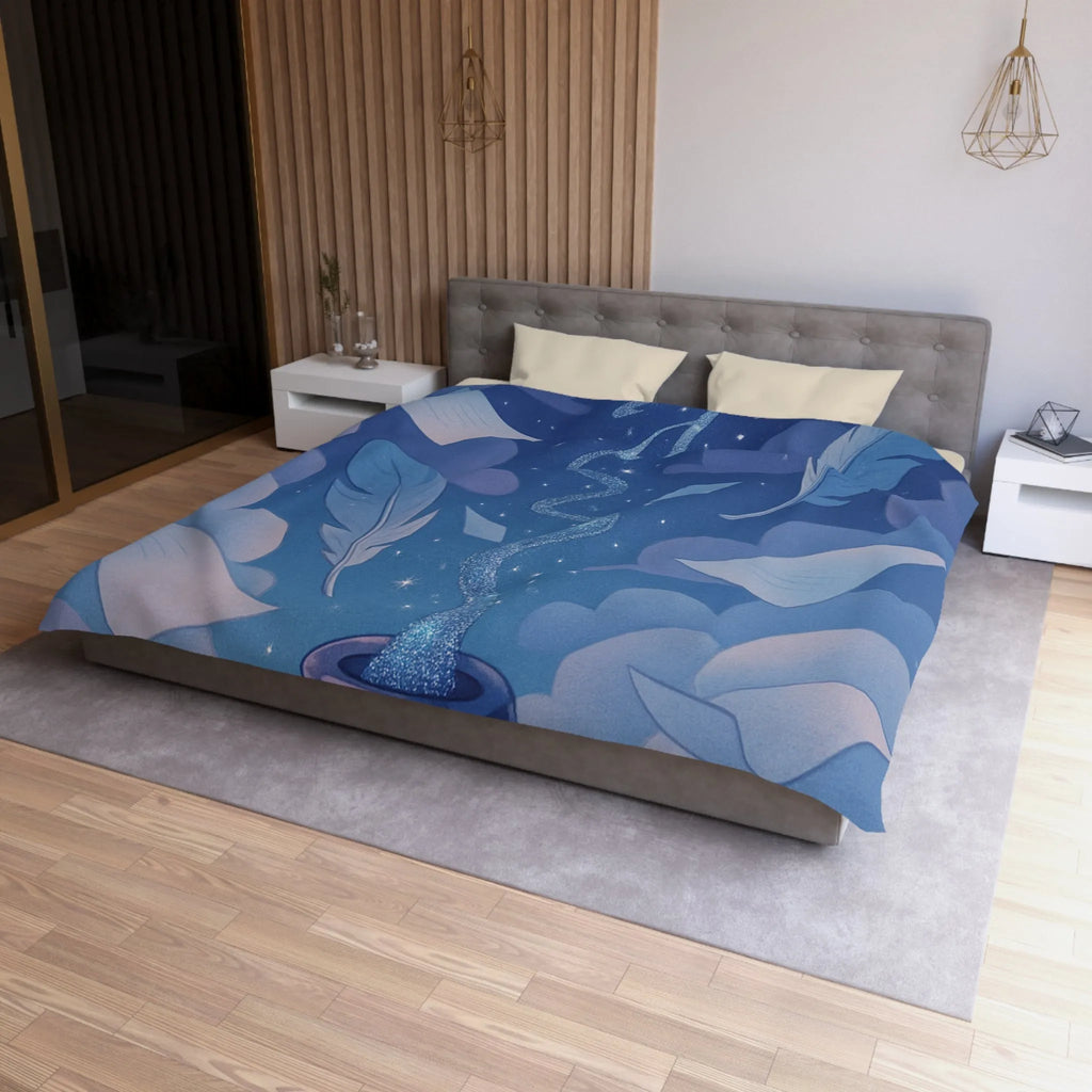 Housse de couette magique avec encre flottante, plumes et nuages rêveurs bleutés