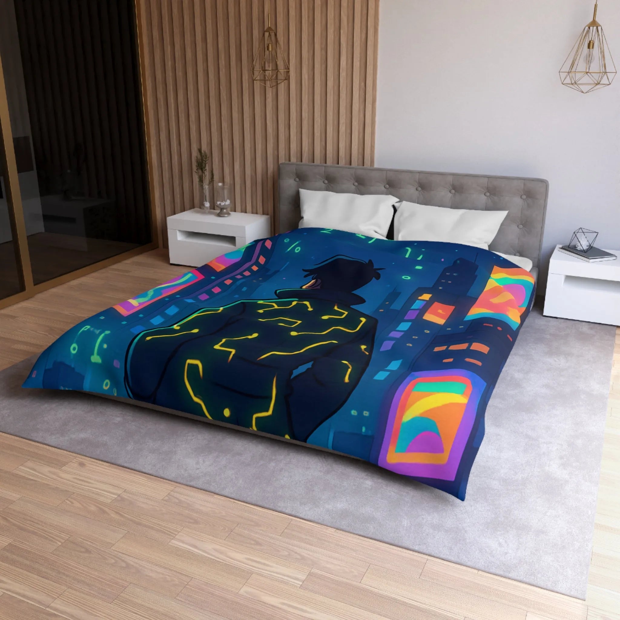 Housse de couette futuriste avec affichage numérique néon dans une ville cyberpunk