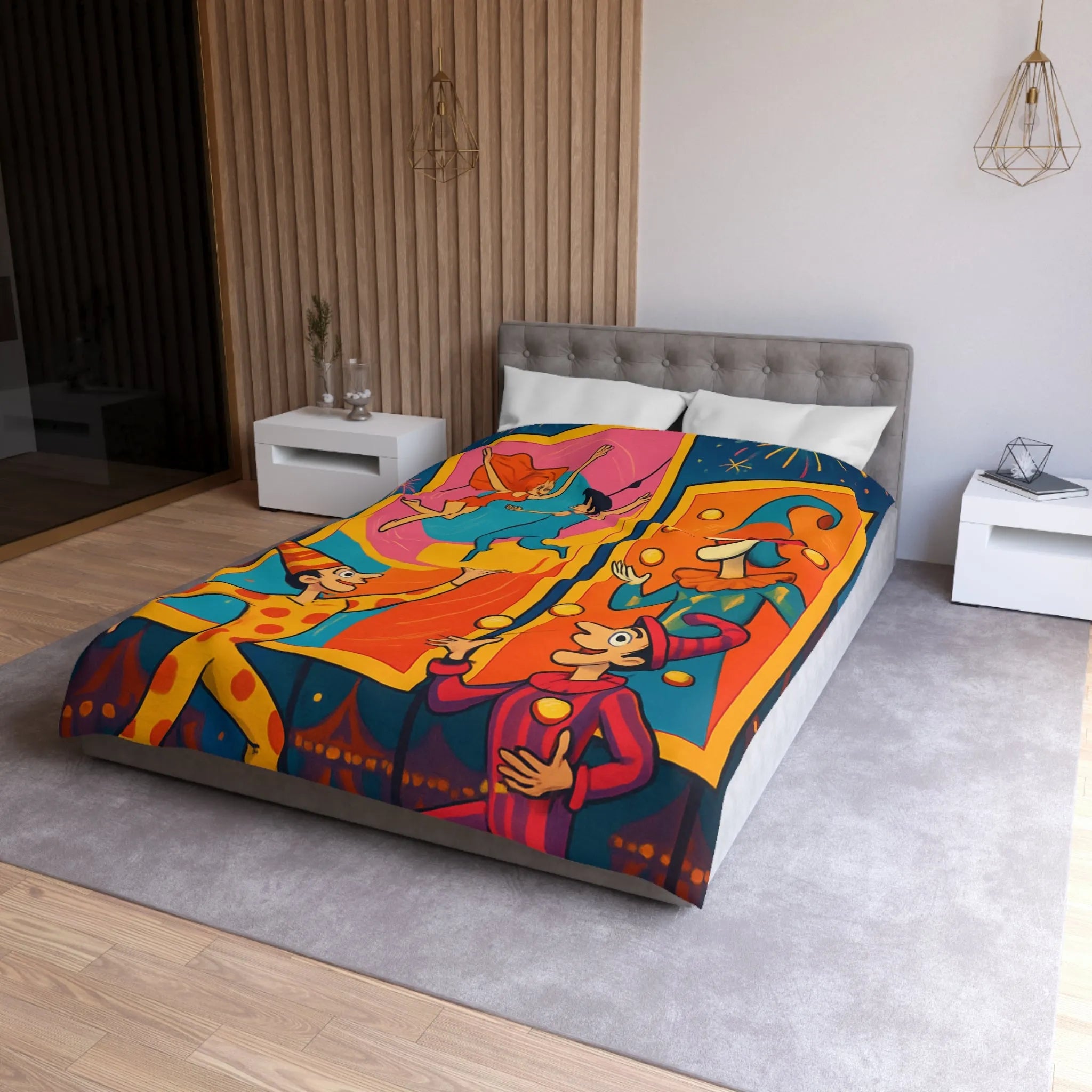 Housse de couette colorée avec jongleurs et acrobates, ambiance festive et joyeuse