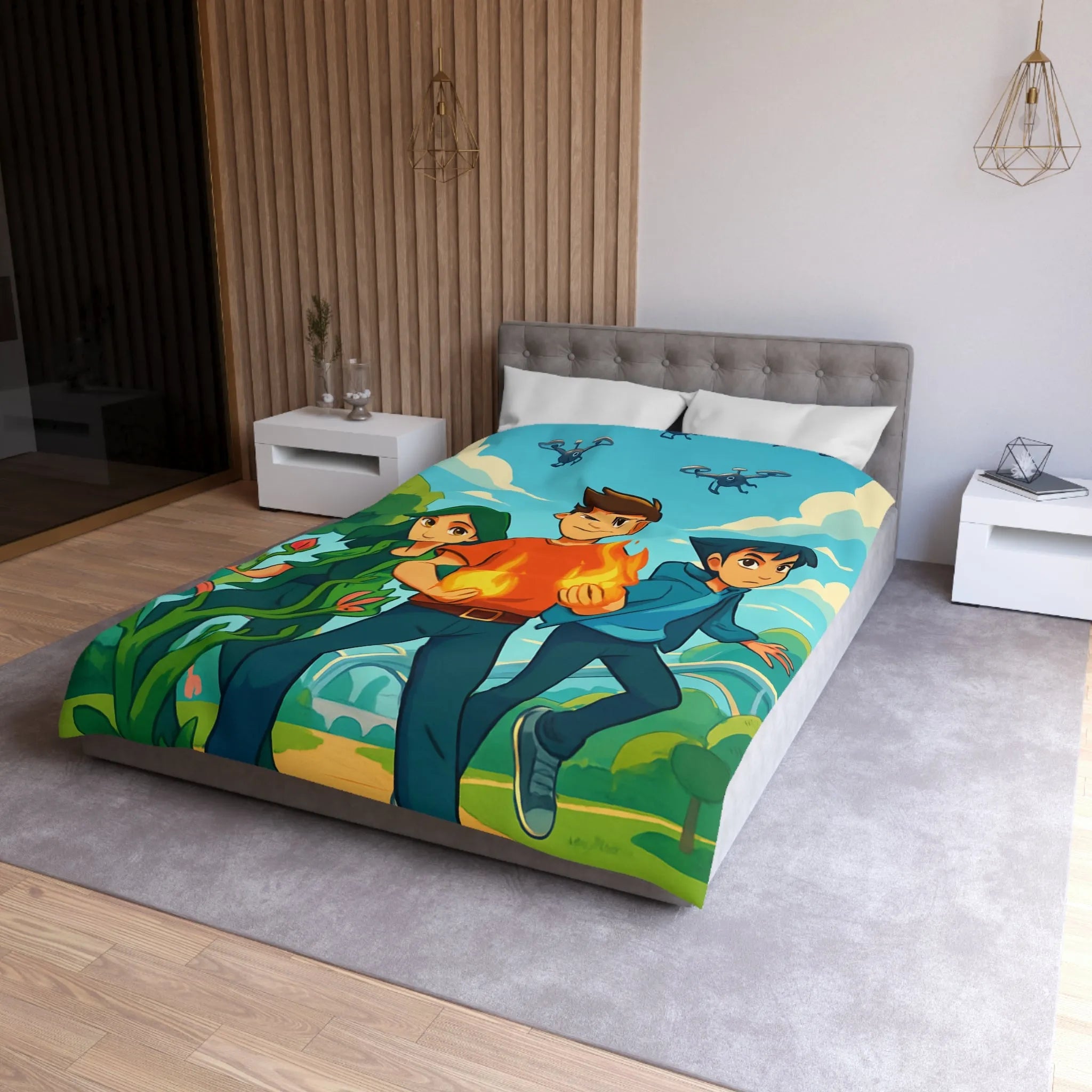 Housse de couette aventure jeune héros, nature et futur avec drones volants