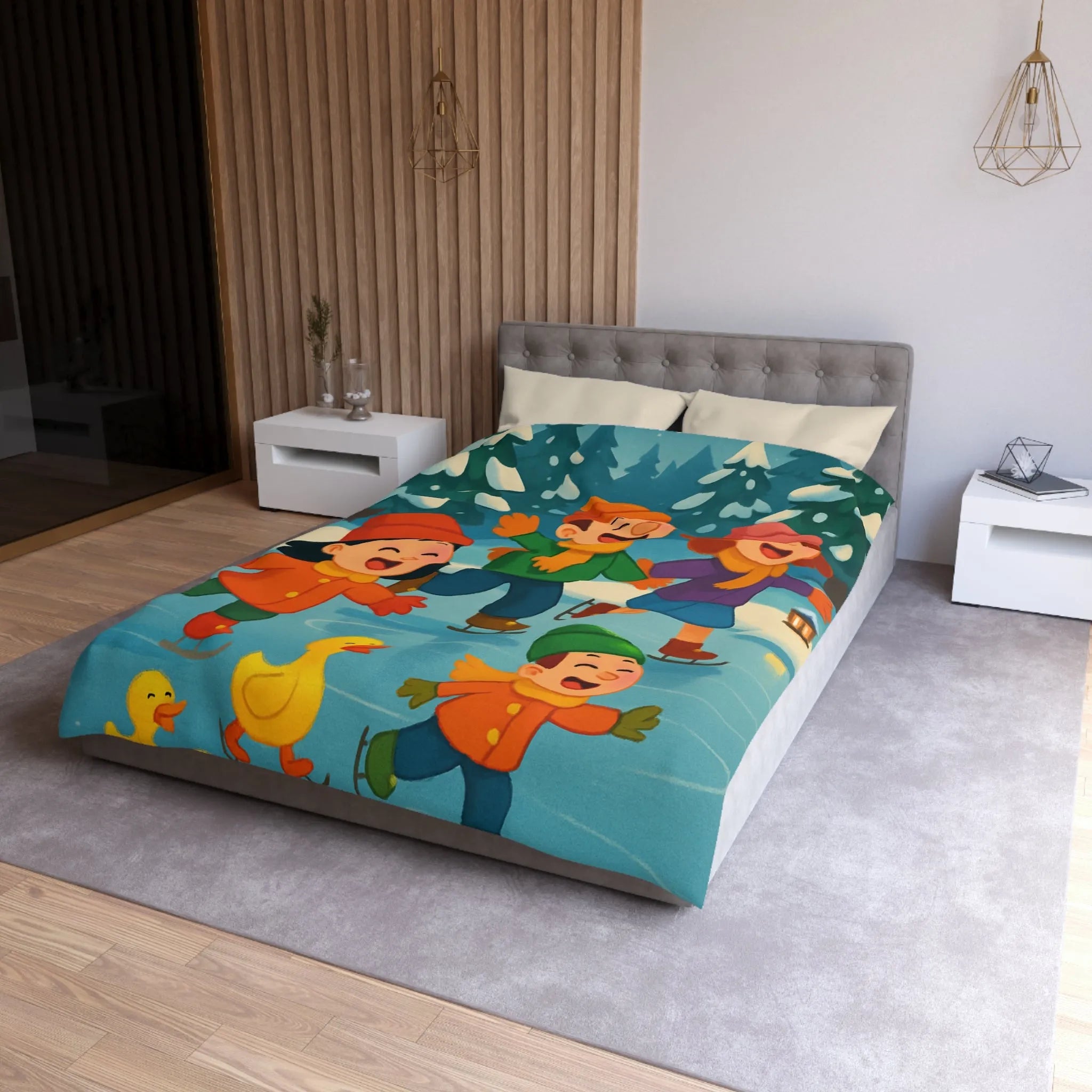 Housse de couette hiver joyeuse avec enfants et petits canards patinant sur glace