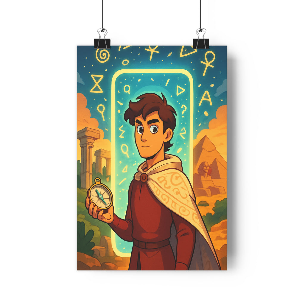 Poster décoratif aventure mystère bleu blanc or chambre moderne lumineux personnage cape boussole art