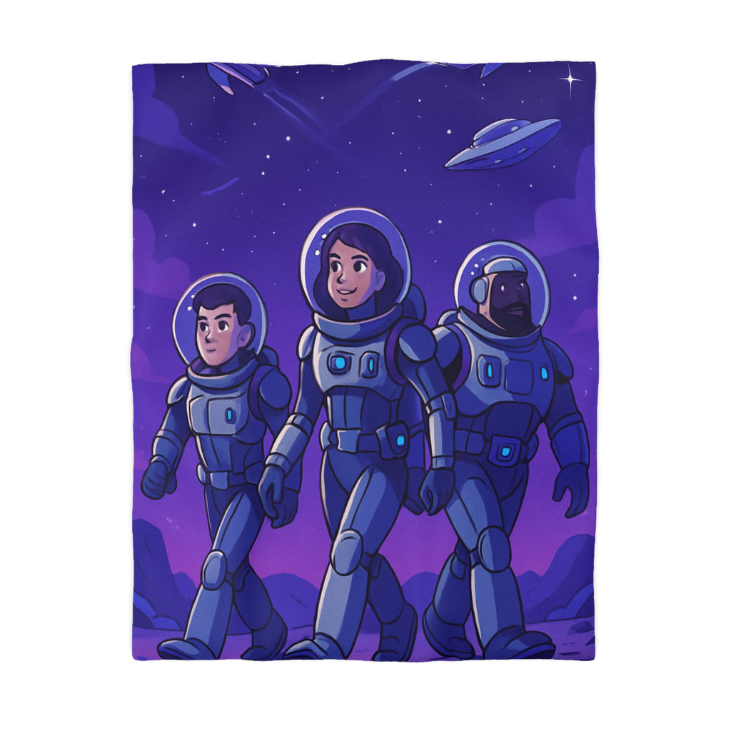 Housse de Couette Spatiale avec Astronautes, Vaisseaux et Étoiles sur Fond Violet