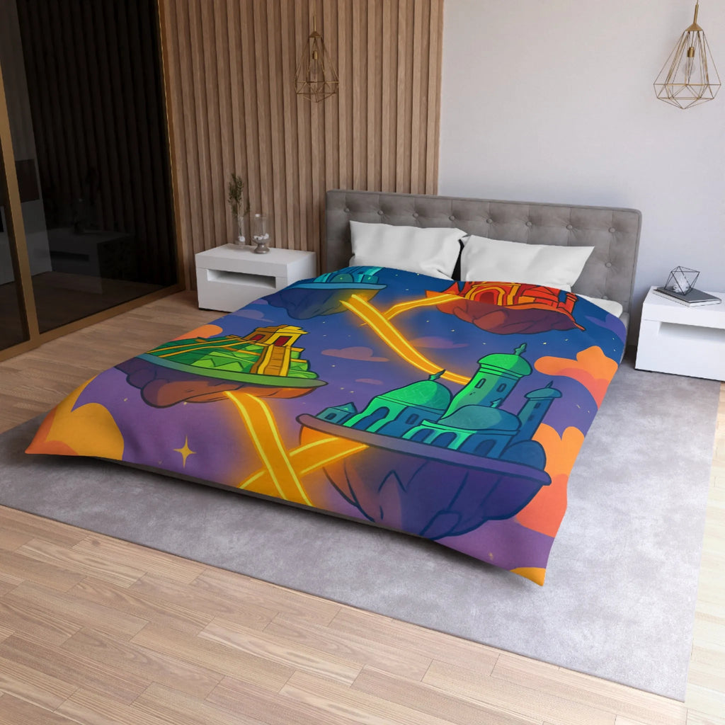 Housse de couette colorée avec design fantastique de villes flottantes lumineuses et oniriques