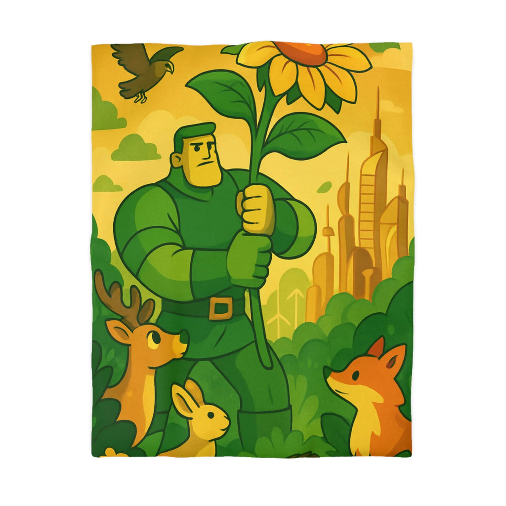 Housse de couette avec illustration végétale et animaux dans une ambiance futuriste naturelle