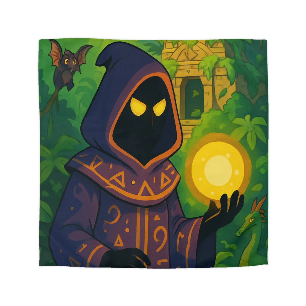 Housse de couette ambiance mystique avec mage sombre dans jungle énigmatique et temple ancien