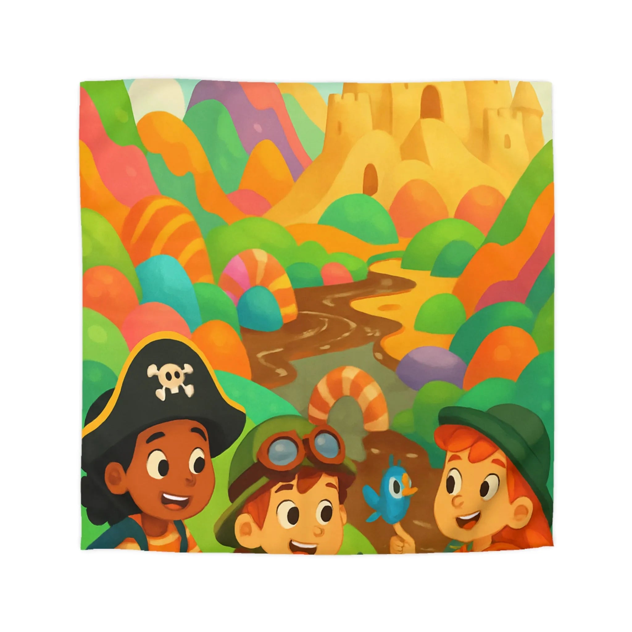 Housse de couette ludique pour enfants avec château et aventuriers aux couleurs vives