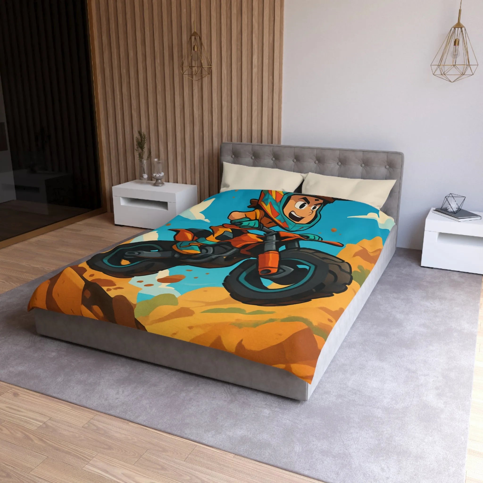 Housse de couette enfant motocross orange avec paysage montagneux et ciel bleu vif
