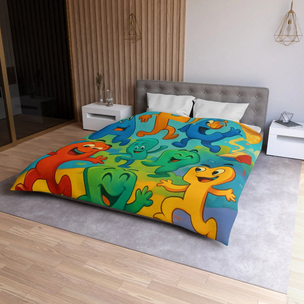 Housse de couette colorée avec lettres animées dans un paysage ludique et éducatif