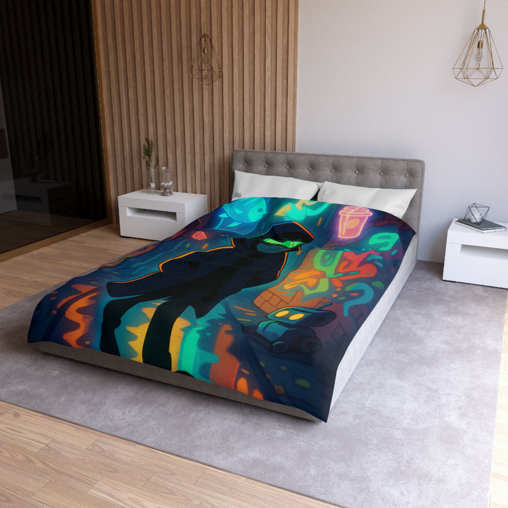 Housse de couette néon, ruelle urbaine cyberpunk avec technologie futuriste et graffitis colorés