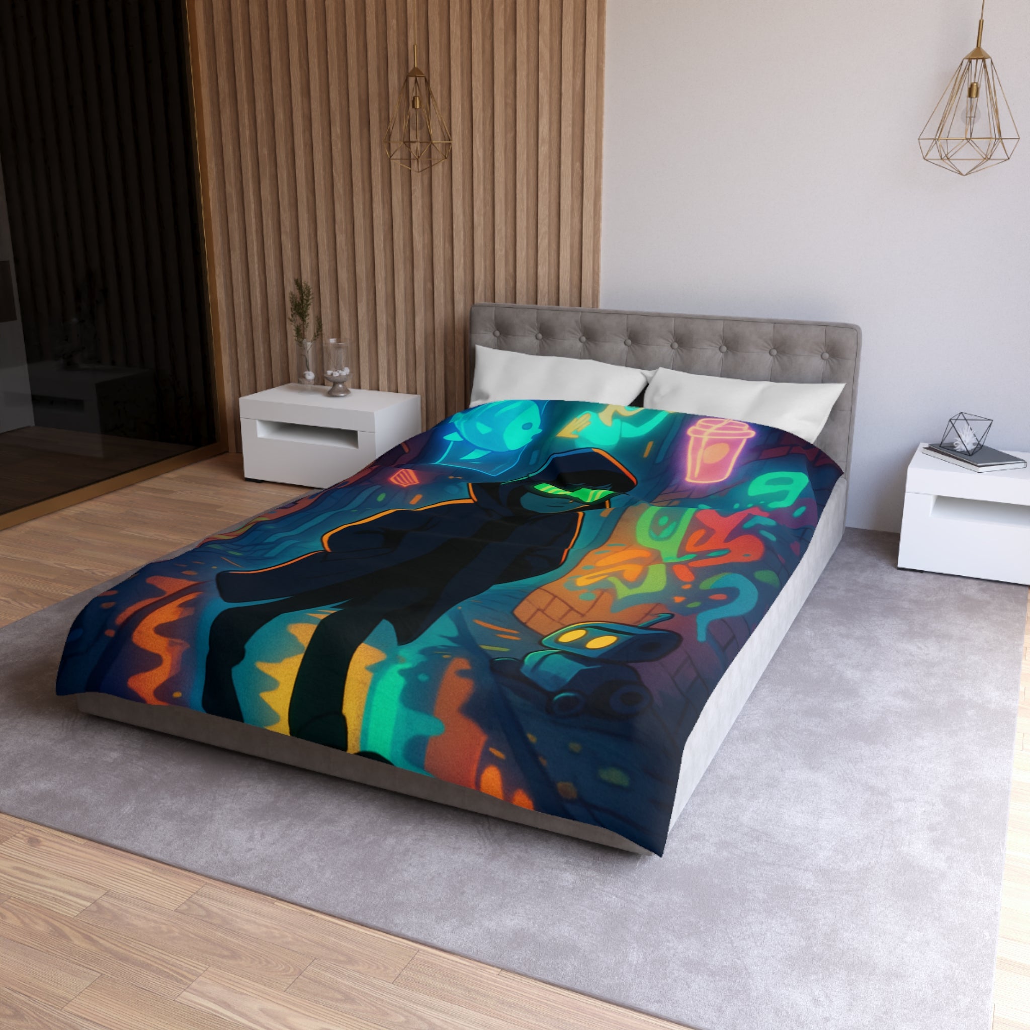 Housse de couette néon, ruelle urbaine cyberpunk avec technologie futuriste et graffitis colorés