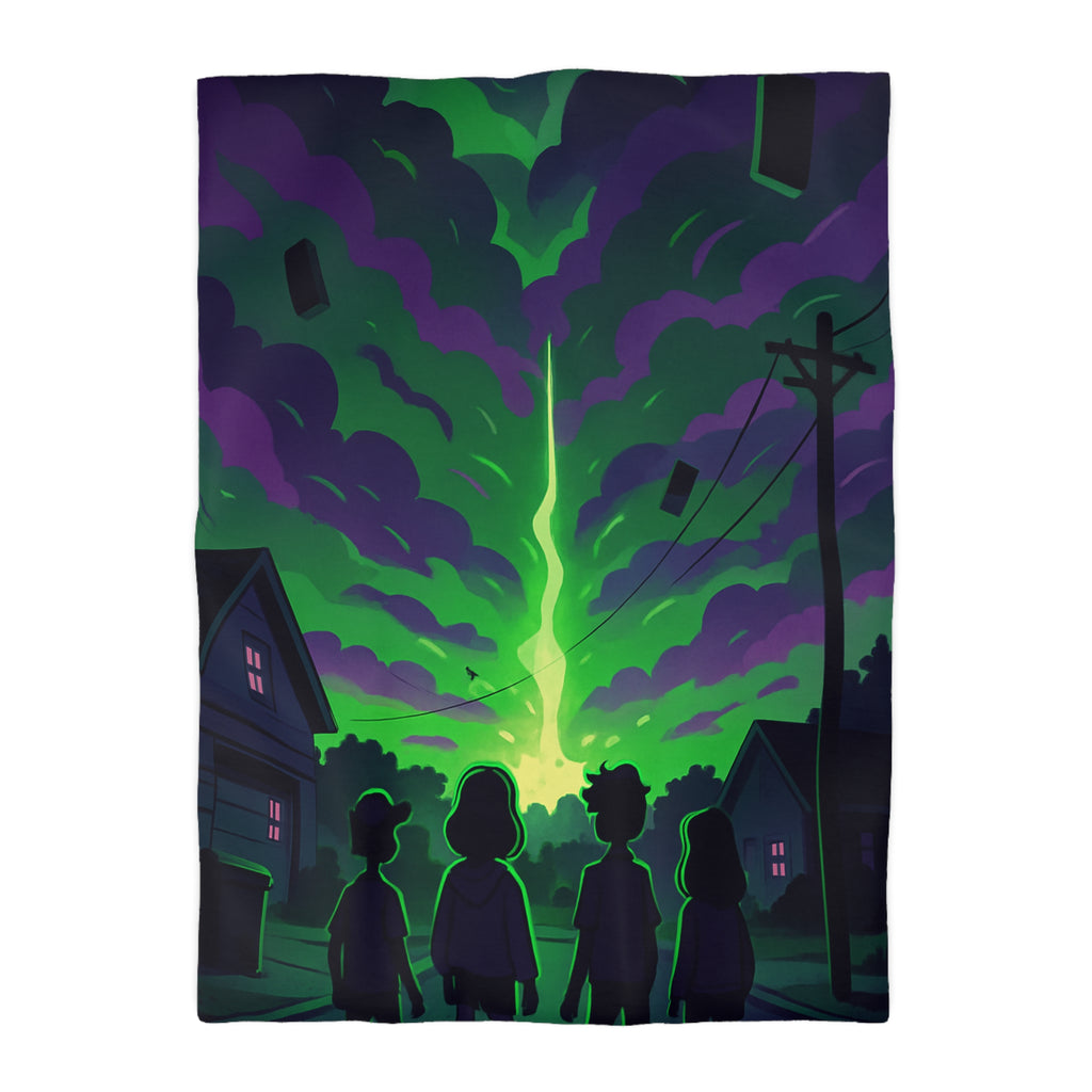 Housse de couette pour chambre avec ciel nocturne mystérieux et silhouettes d'enfants