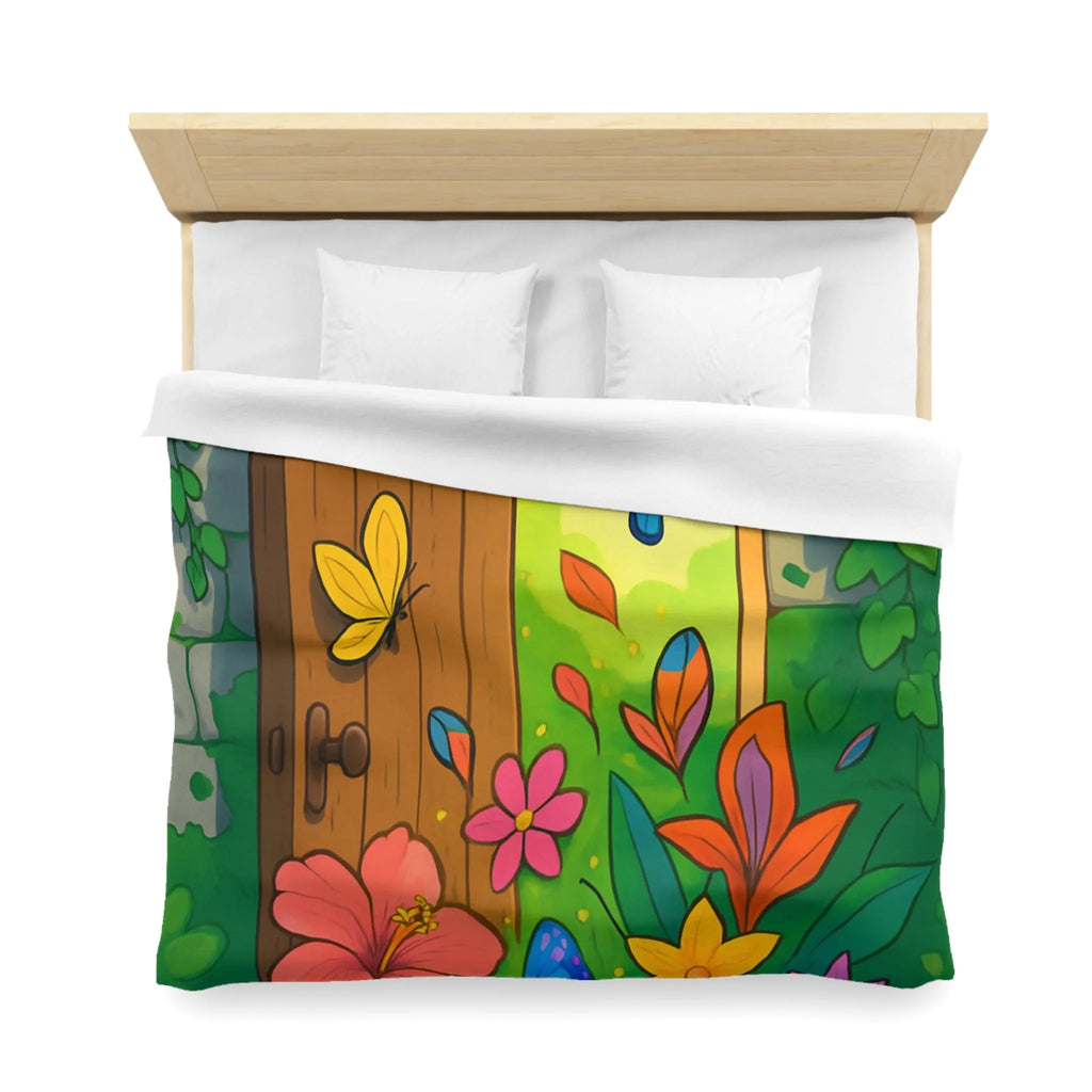 Housse de couette avec papillons colorés et fleurs devant porte de jardin enchanté