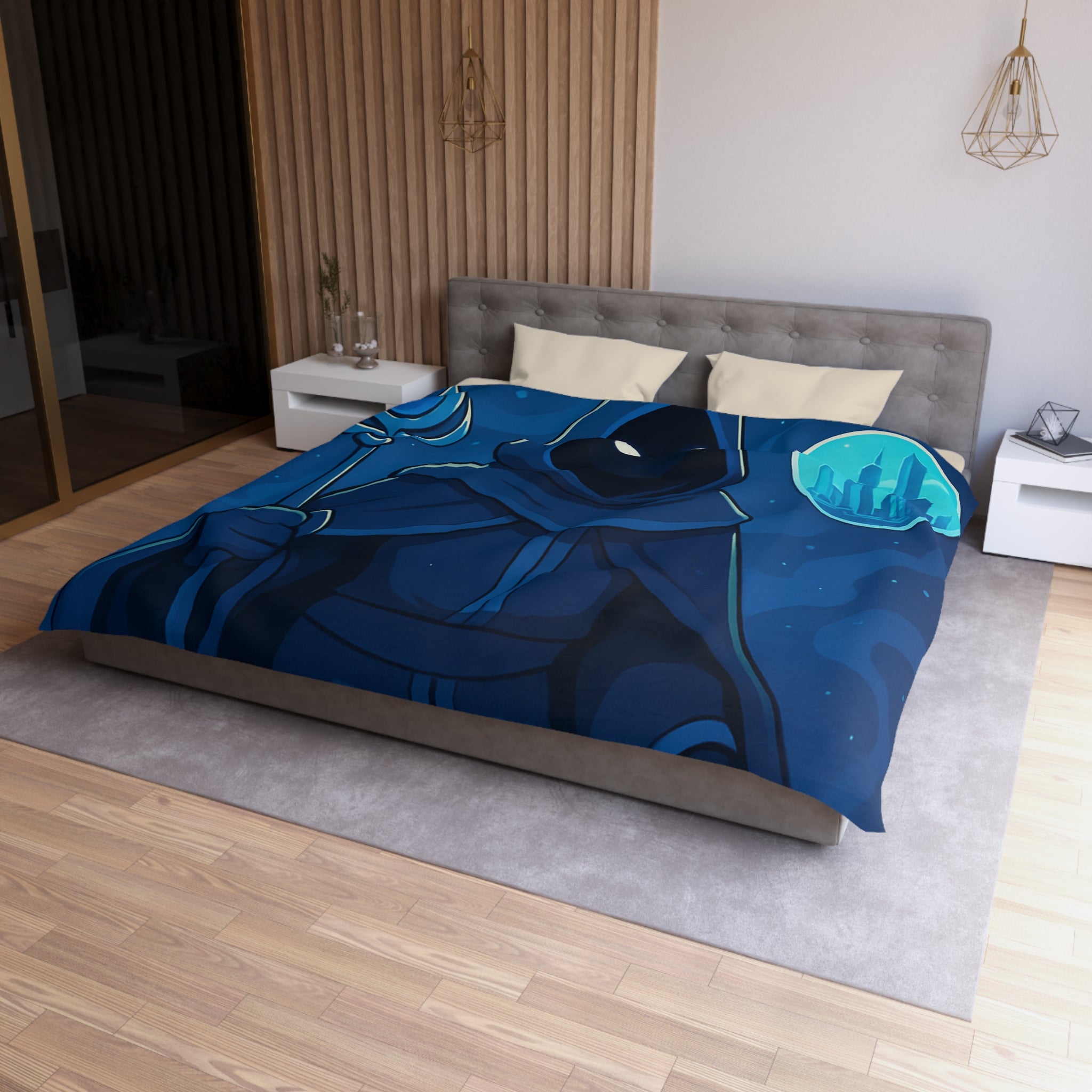 Housse de couette mystique avec sorcier et paysages fantastiques pour chambre à thème magique