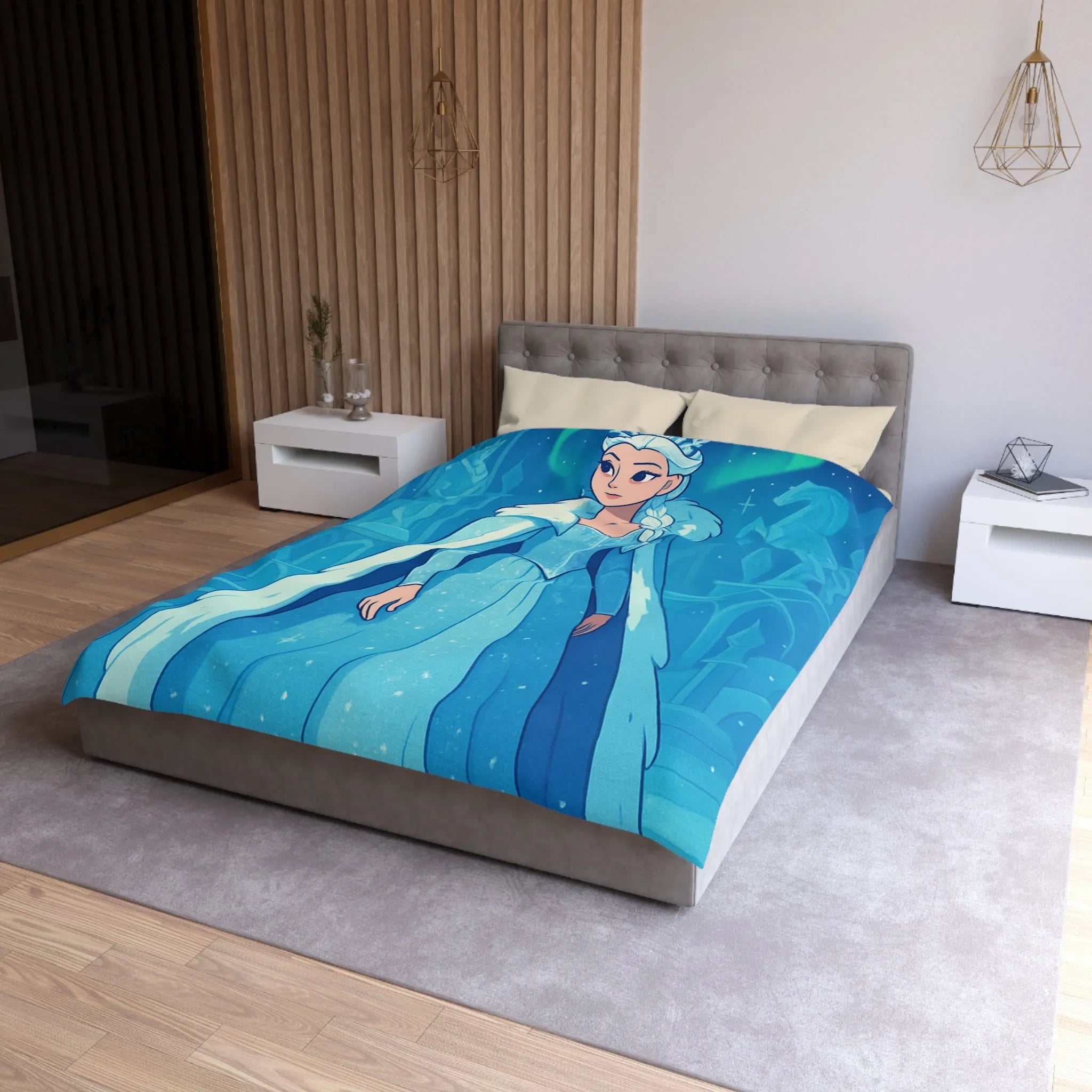 Éblouissante Housse de Couette Reine des Glaces Bleue avec Aurora Boréale et Château