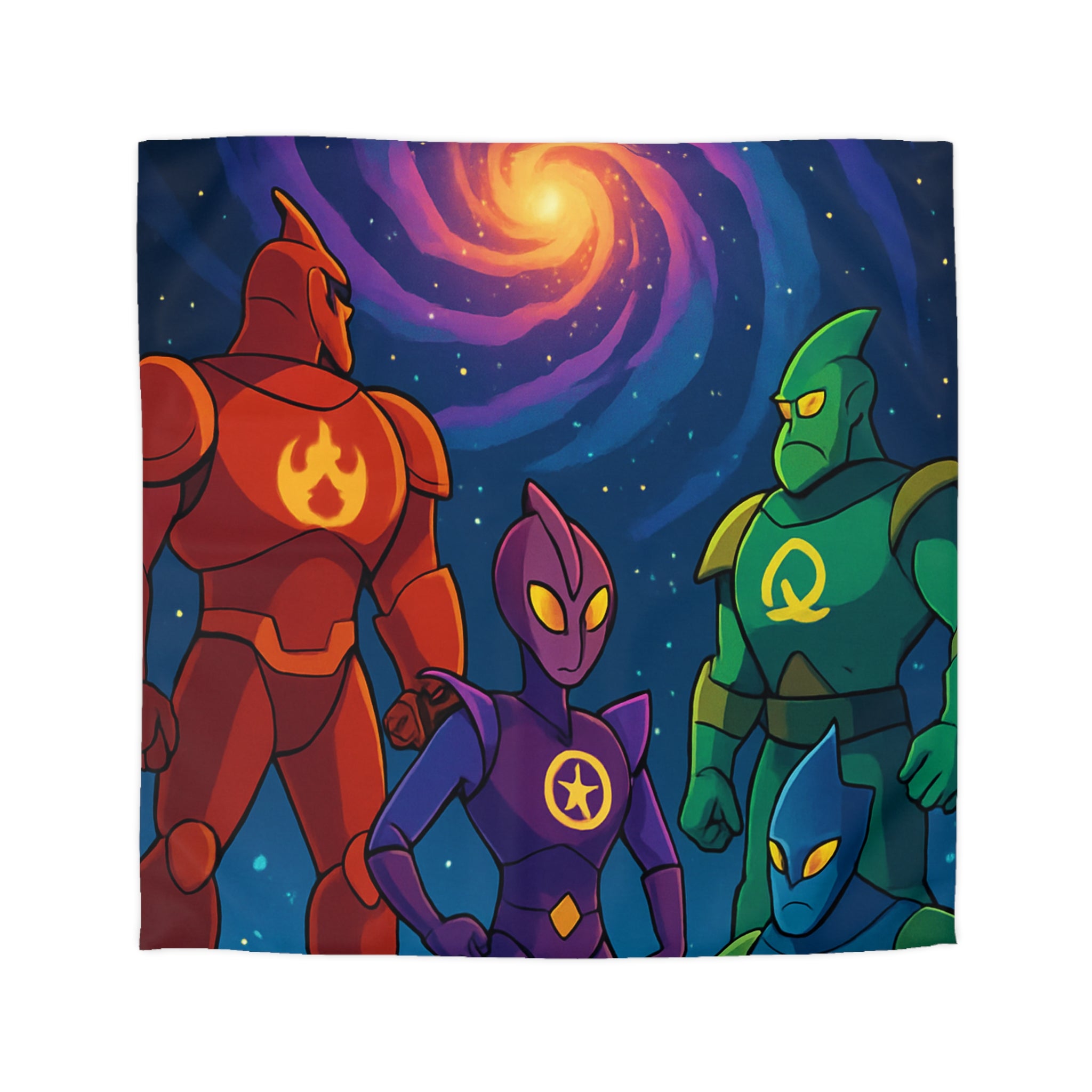 Quatre super-héros colorés avec une galaxie lumineuse, scène de science-fiction
