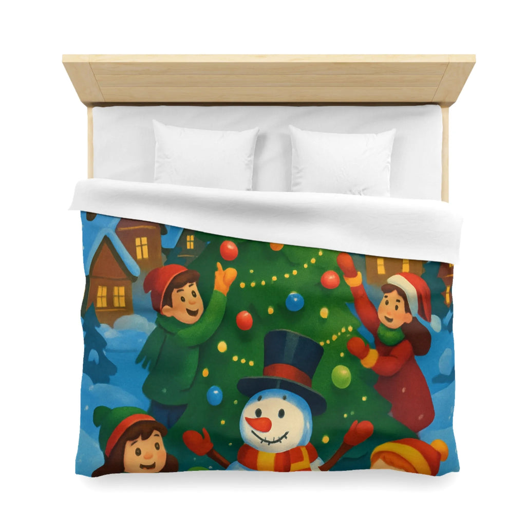 Housse de couette enfants scène festive avec bonhomme de neige et aurore boréale lumineuse