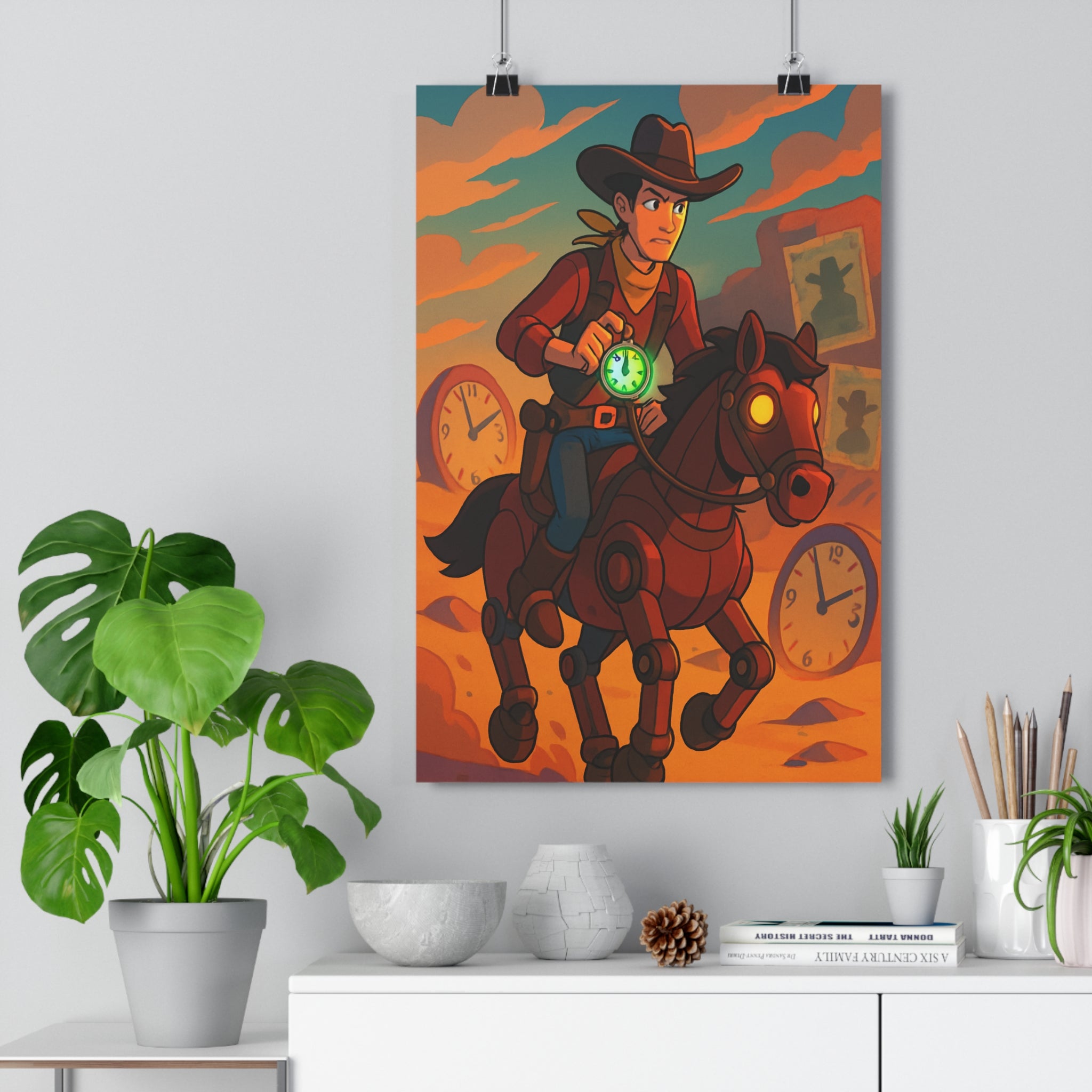 Poster décoratif cartoon steampunk orange bleu western mystique aventure salon chambre bureau dynamique élégant