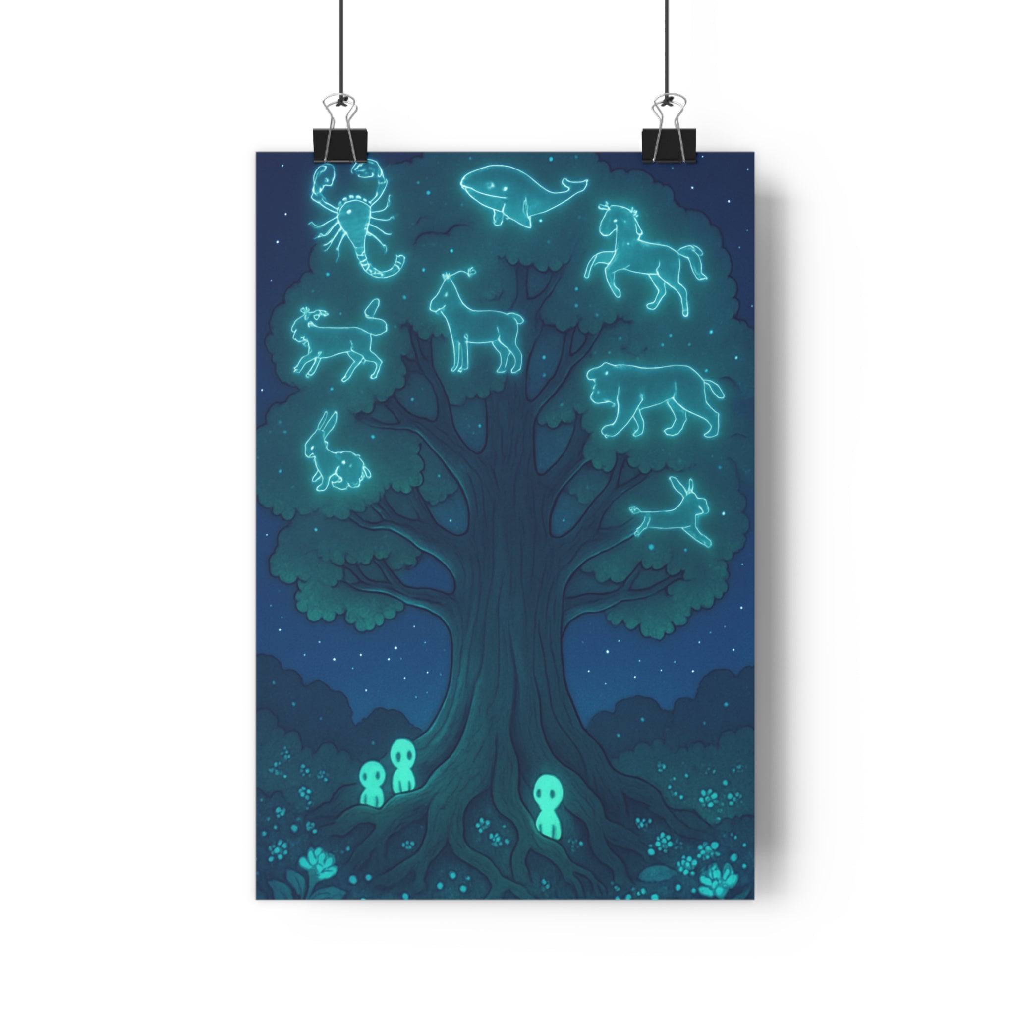 Poster décoratif arbre céleste bleu vert mystique fantastique chambre détente 30x46 lumineux créatures animaux