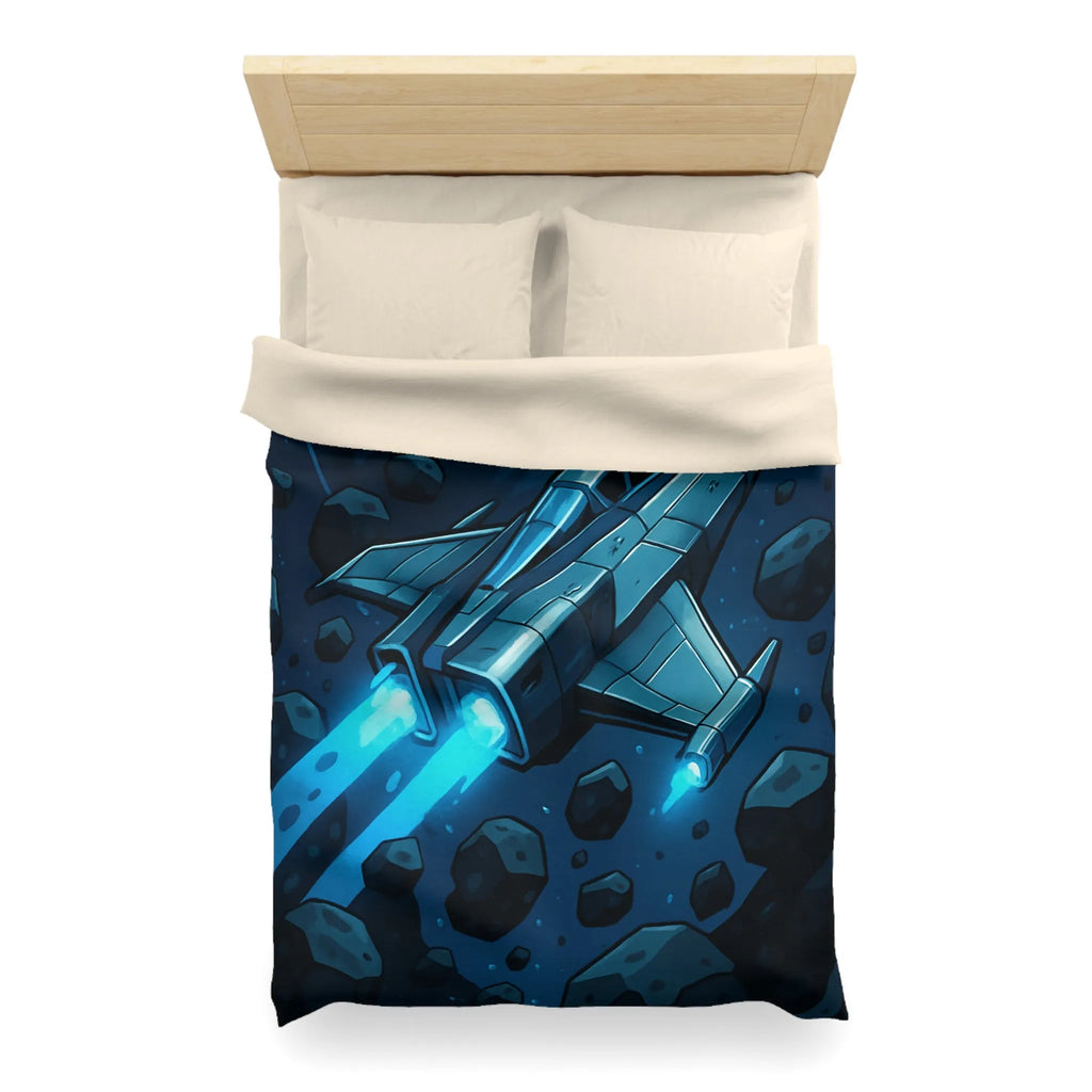 Housse de couette imprimée vaisseau spatial bleu voyageant à travers un champ d'astéroïdes