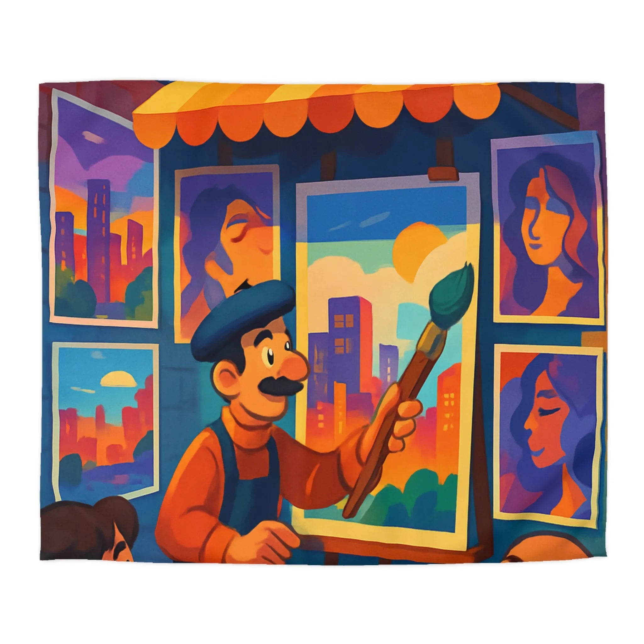 Housse de couette artistique avec scènes de rue vibrantes et peintures colorées