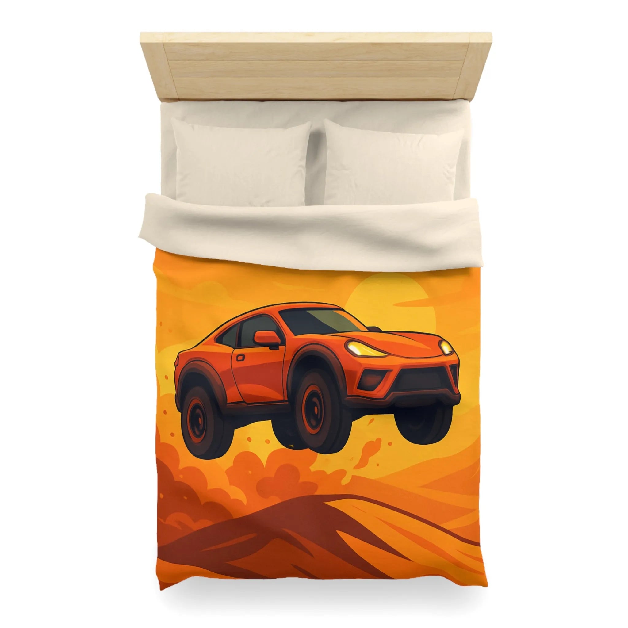 Housse de couette design voiture saut désert couleur orange coucher de soleil