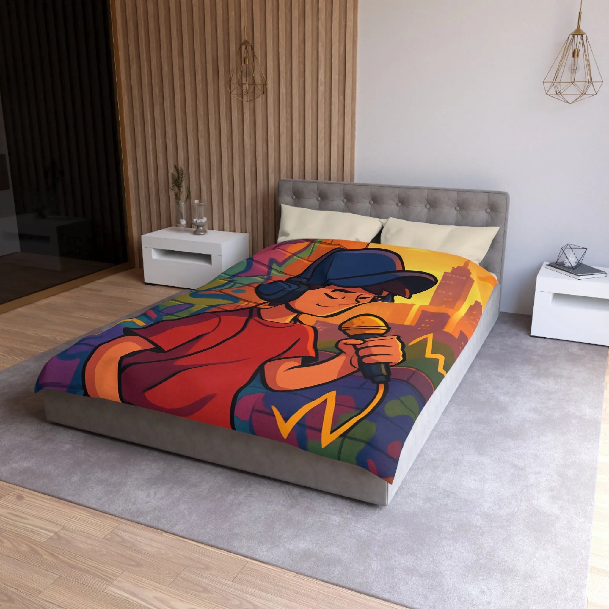 Housse de couette graphique urbaine avec chanteur et microphone sur fond coloré