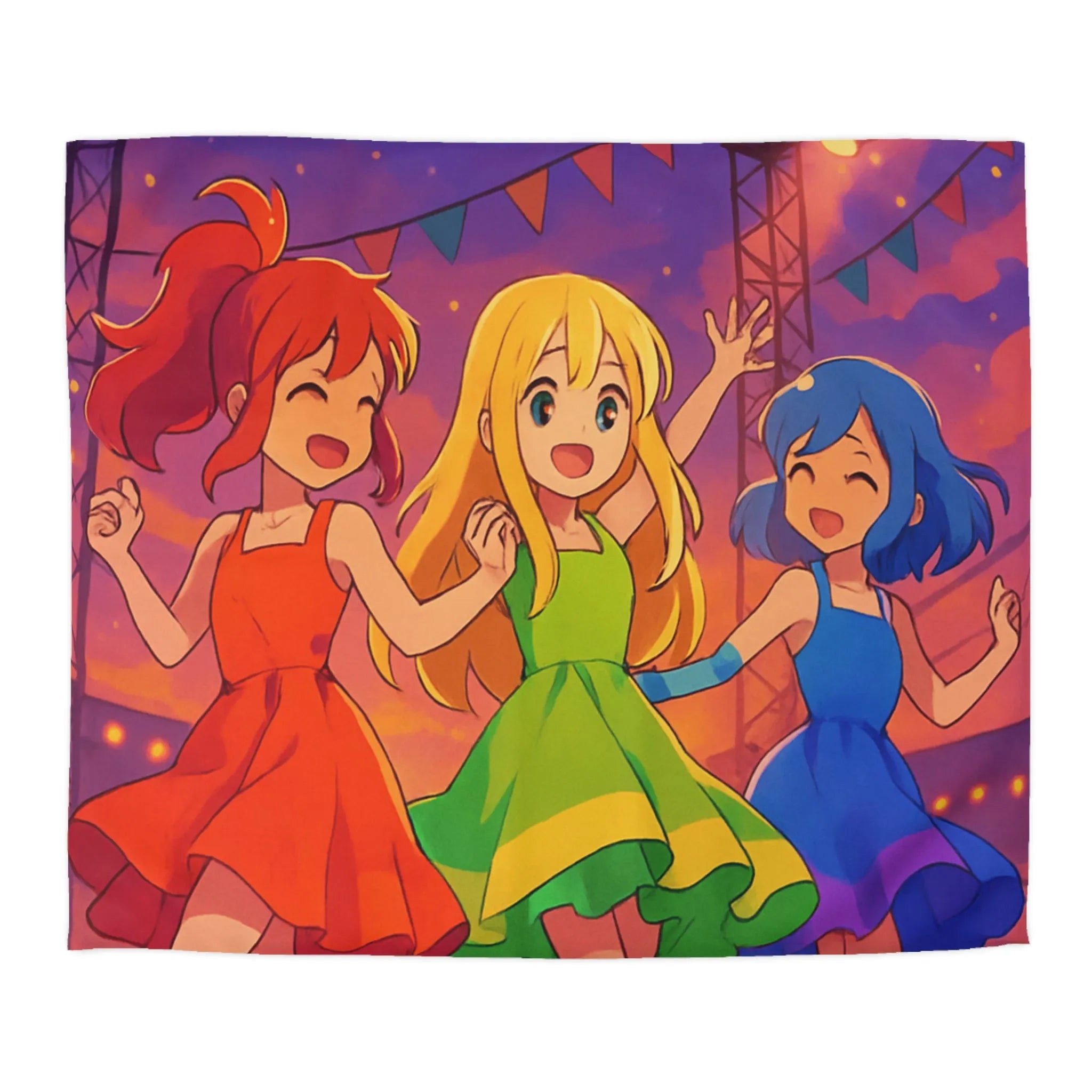 Housse de Couette Colorée avec Trois Amies Dansant sur une Scène Éclairée de Nuit