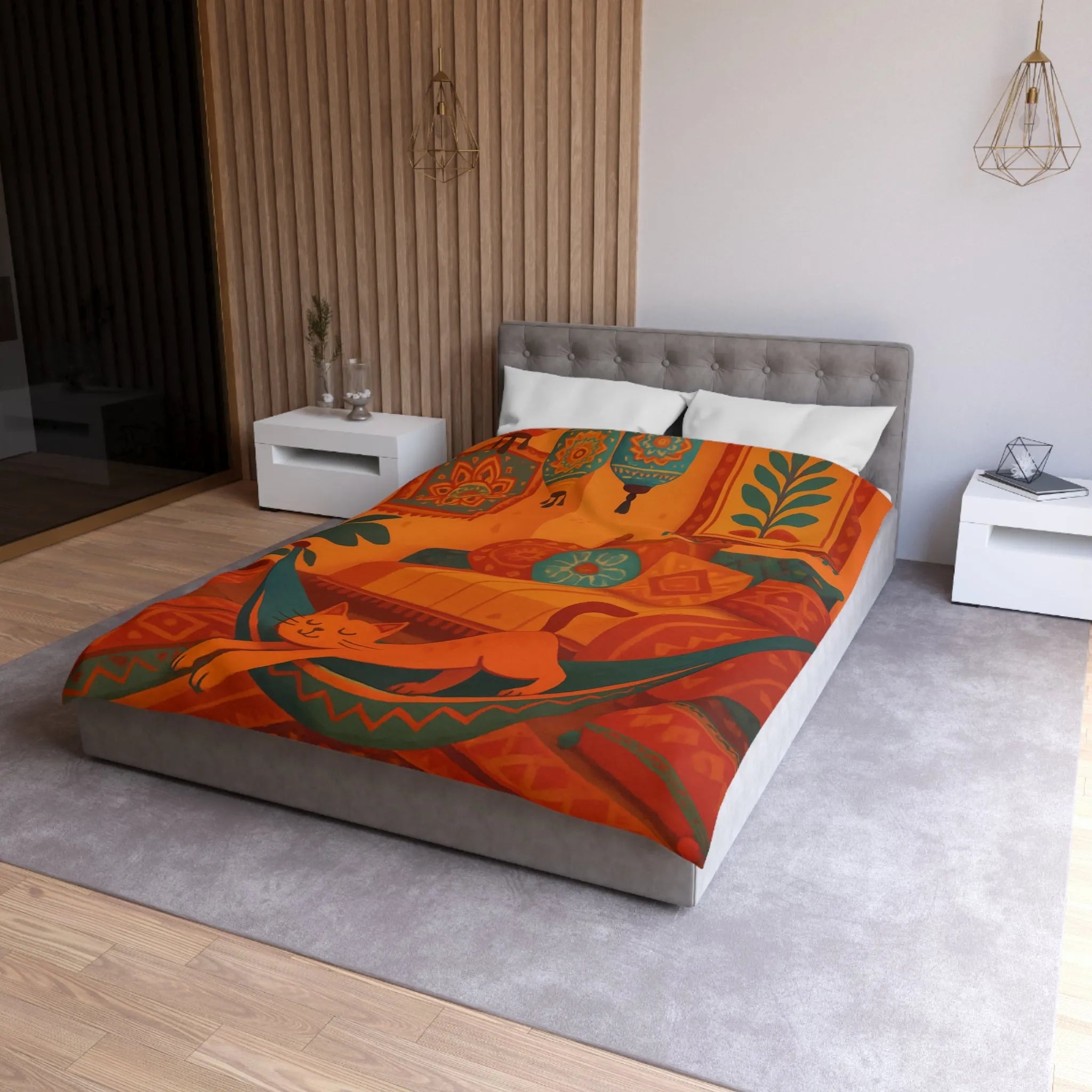 Housse de couette bohème avec motifs mandala et chat dans des tons chauds
