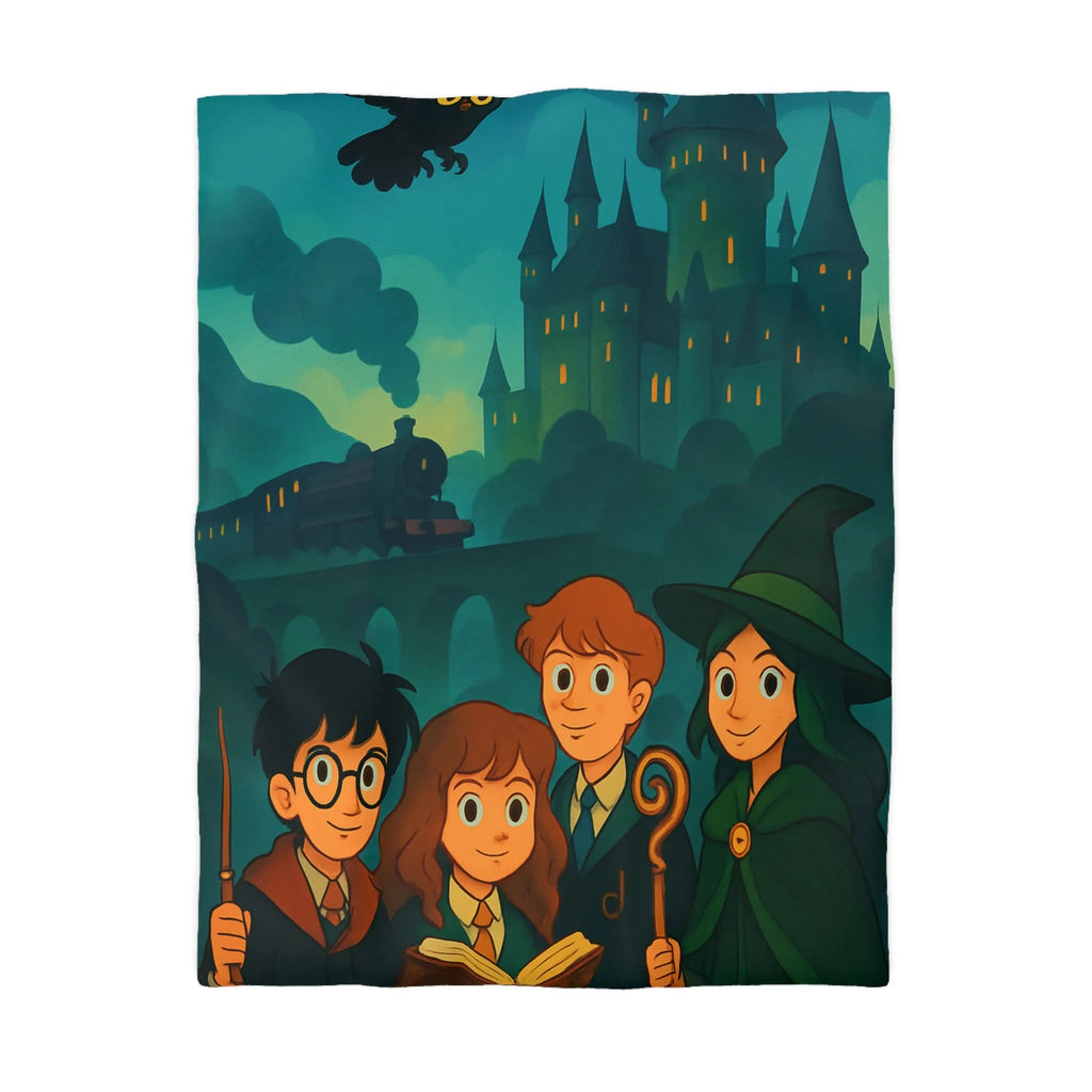 Housse de couette magique avec château et étudiants en sorcellerie dans une forêt enchantée