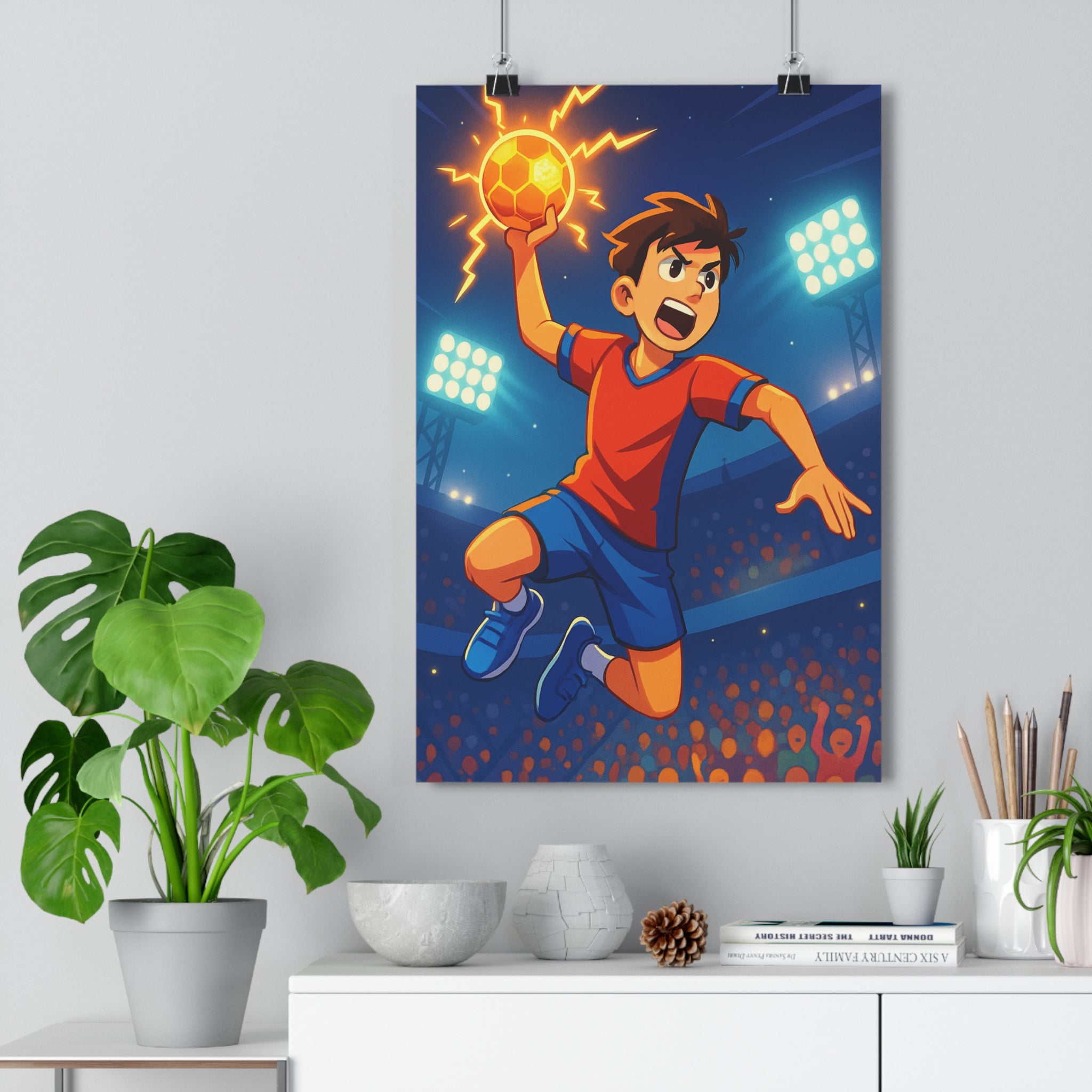 Poster décoratif handball cartoon dynamique orange bleu sportif vibrant chambre enfant énergie lumière stade
