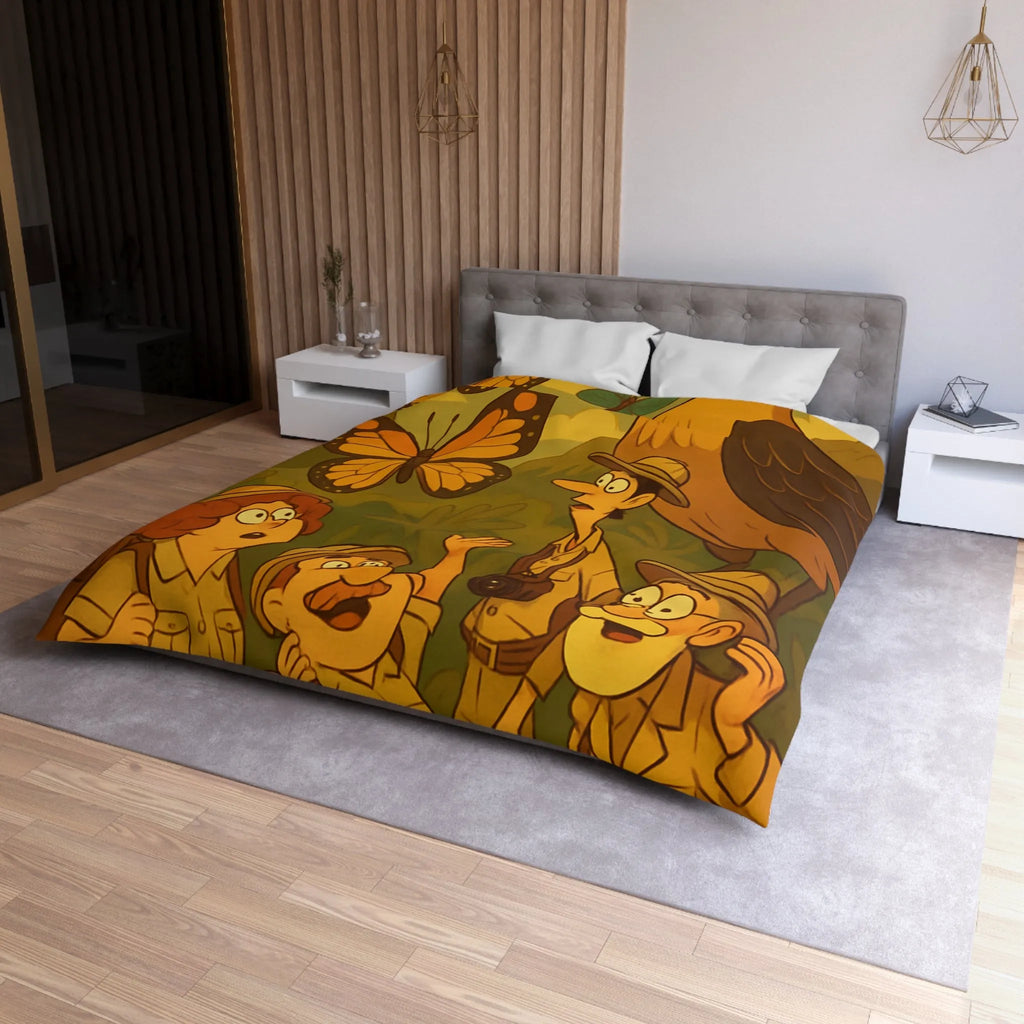 Housse de couette avec scène aventure jungle, explorateurs et faune tropicale colorée