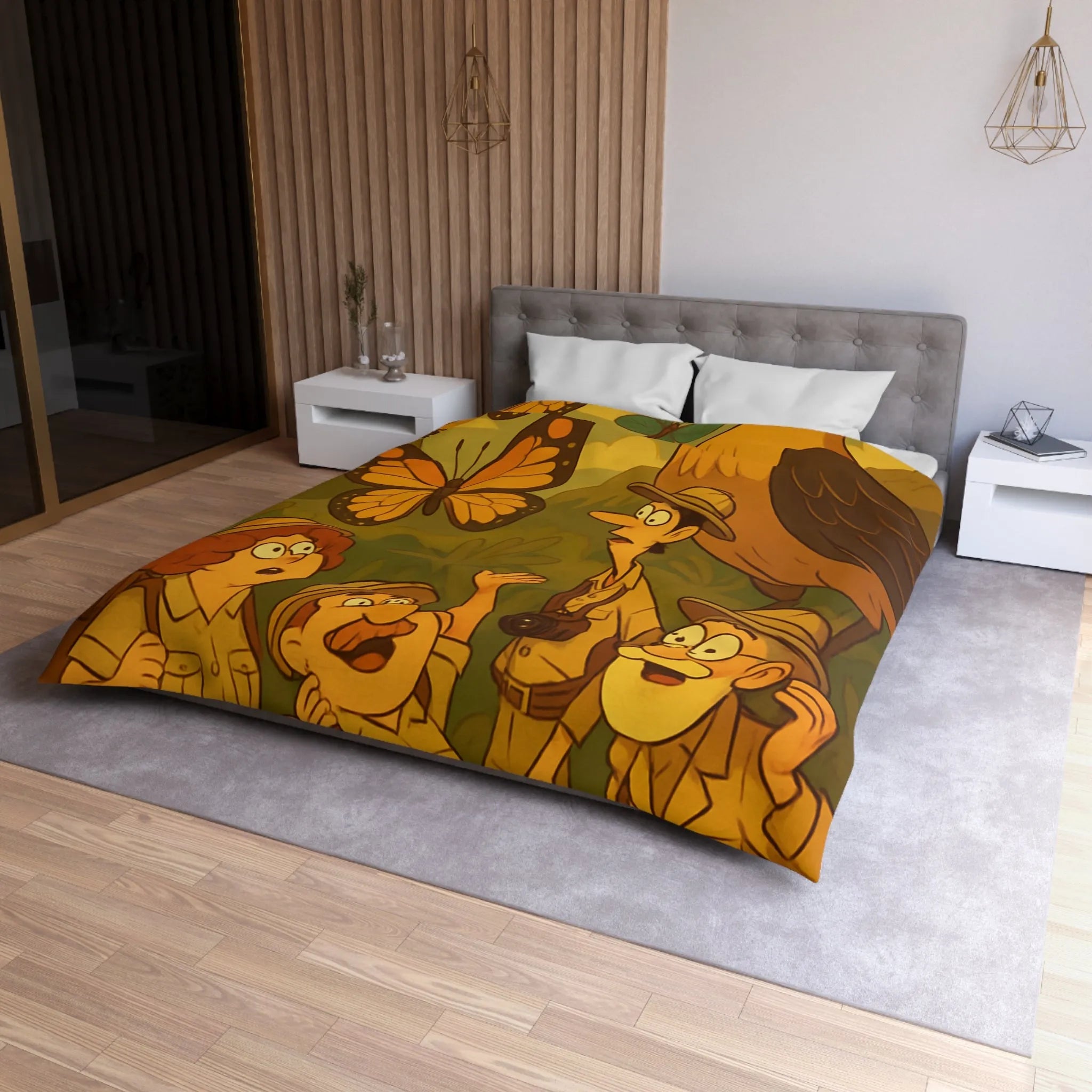 Housse de couette avec scène aventure jungle, explorateurs et faune tropicale colorée