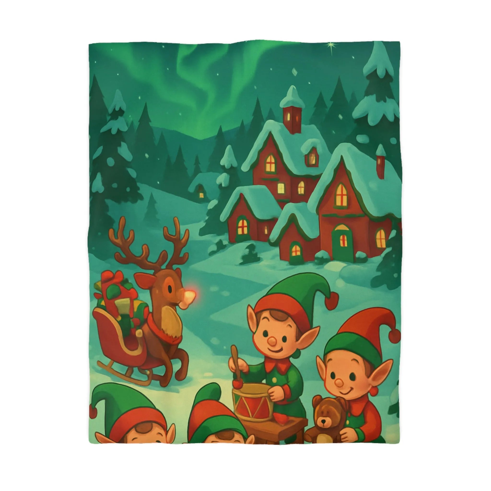 Housse de Couette Enchantée avec Lutins et Aurores Boréales dans Paysage d’Hiver Givré