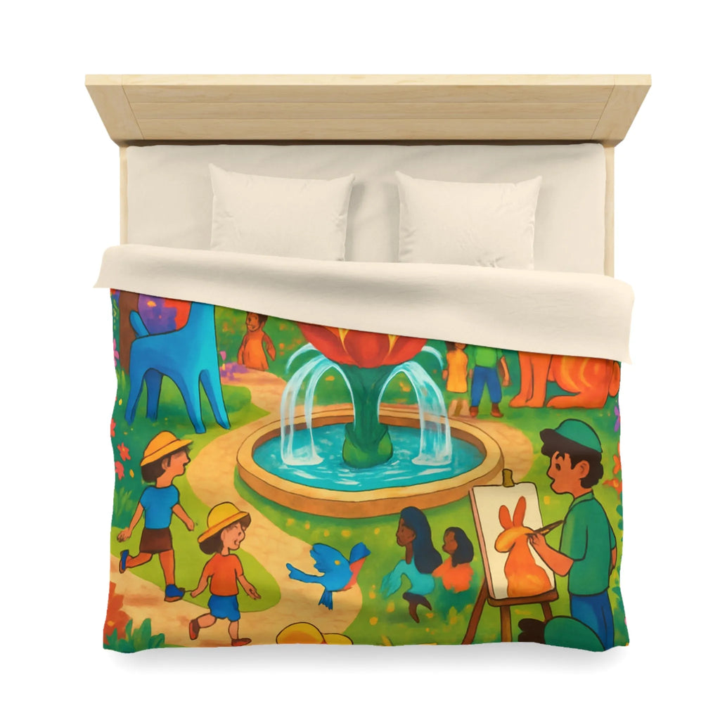 Housse de couette colorée avec animaux fantastiques, enfants et fontaine au parc artistique