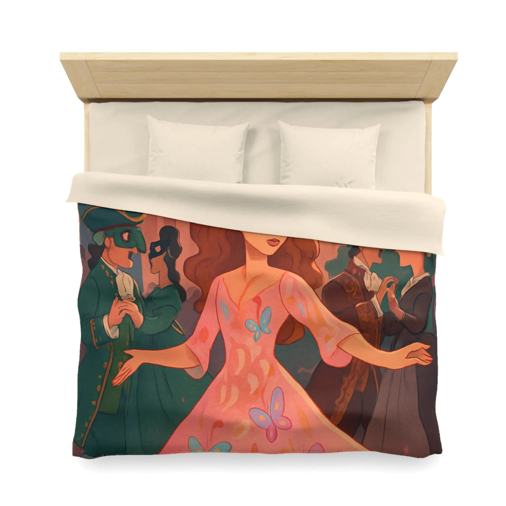 Housse de Couette Élégante avec Femmes Masquées et Papillons dans Bal Éthéré