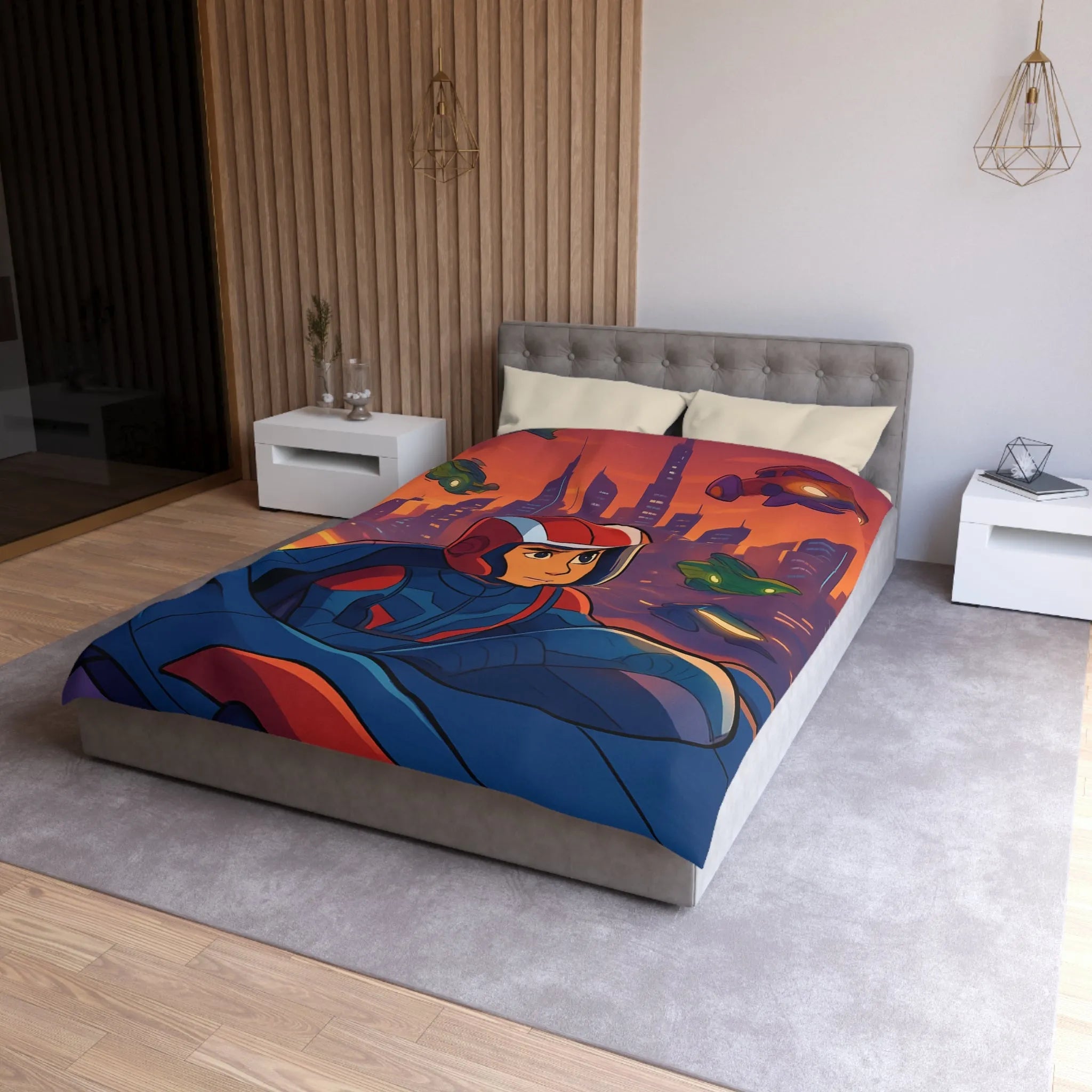 Housse de couette futuriste avec pilote de course et voitures volantes en ville