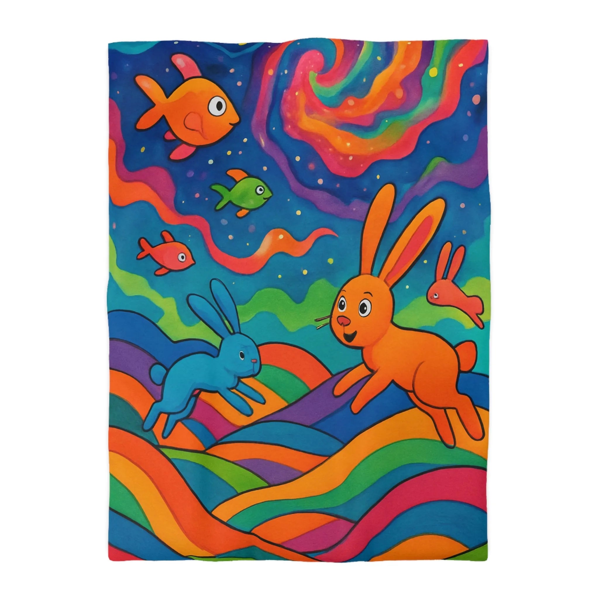 Housse de Couette Arc-en-Ciel avec Lapins et Poissons dans un Monde Imaginaire