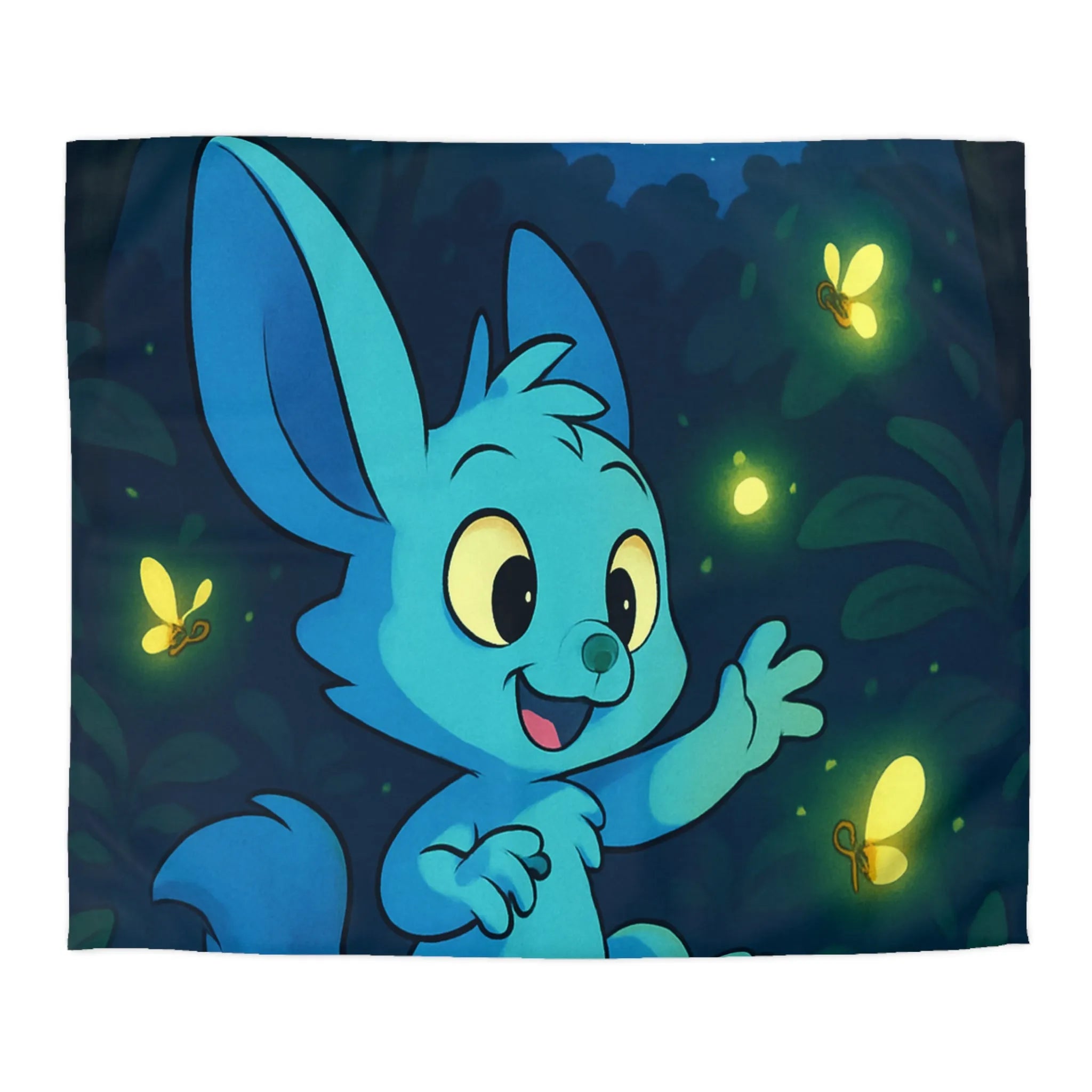 Housse de couette enfantine décorée avec lapin bleu et lucioles sous lune brillante