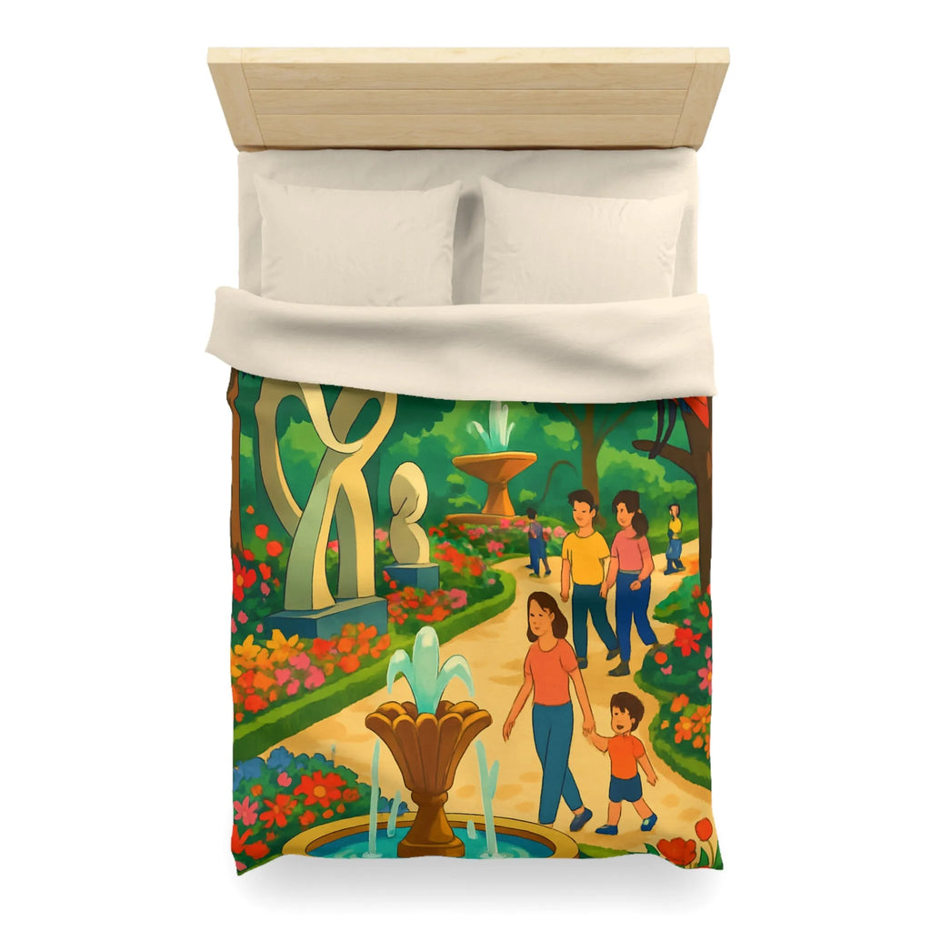 Housse de Couette Colorée Illustrant un Jardin avec Oiseaux et Familles en Promenade