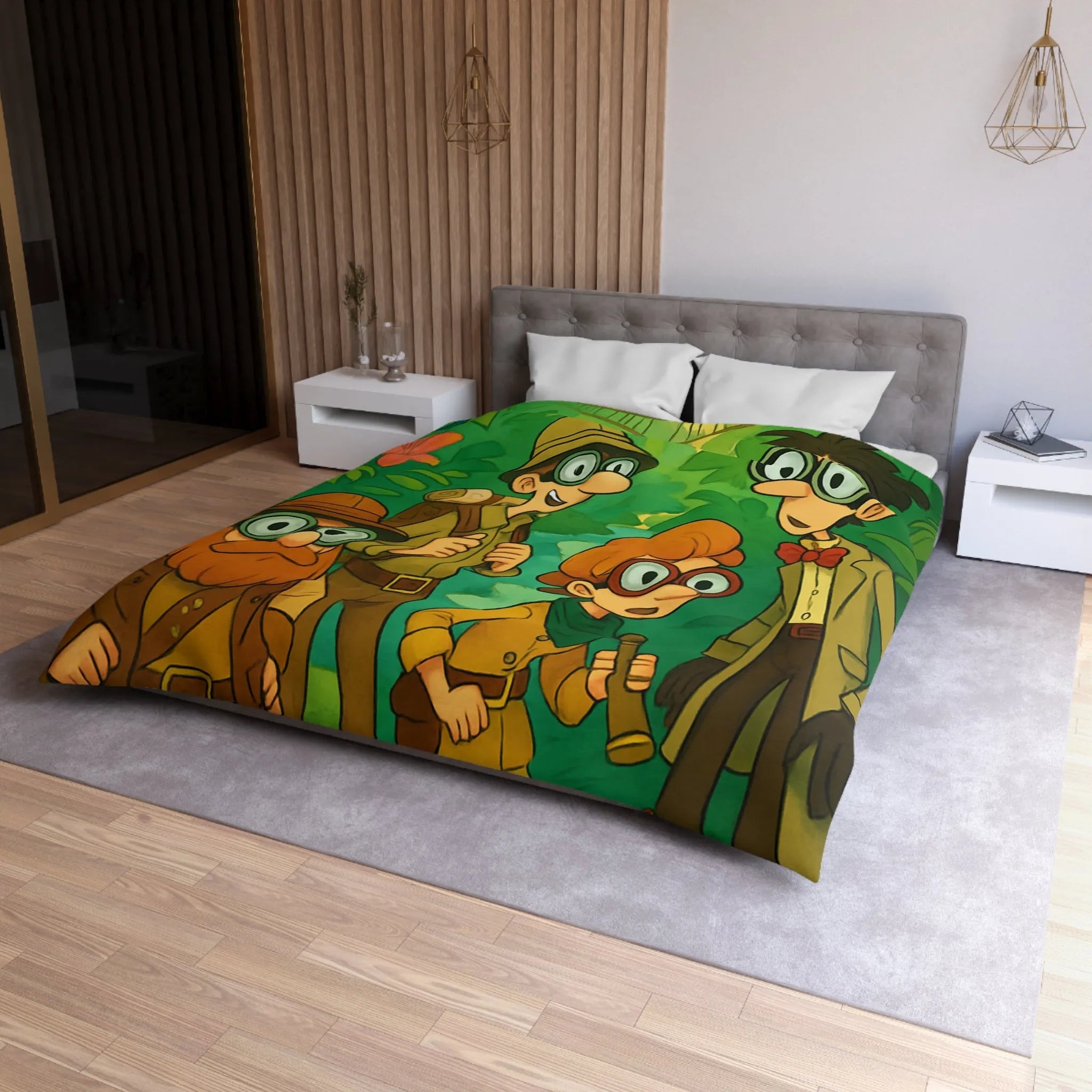 Housse de couette jungle colorée avec explorateurs, perroquet et singe aventureux