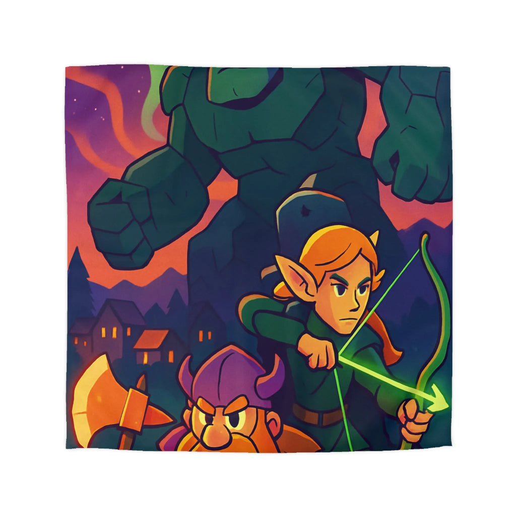 Housse de Couette Fantastique avec Guerrier, Archer et Golem sous Aurores Boréales Éclatantes