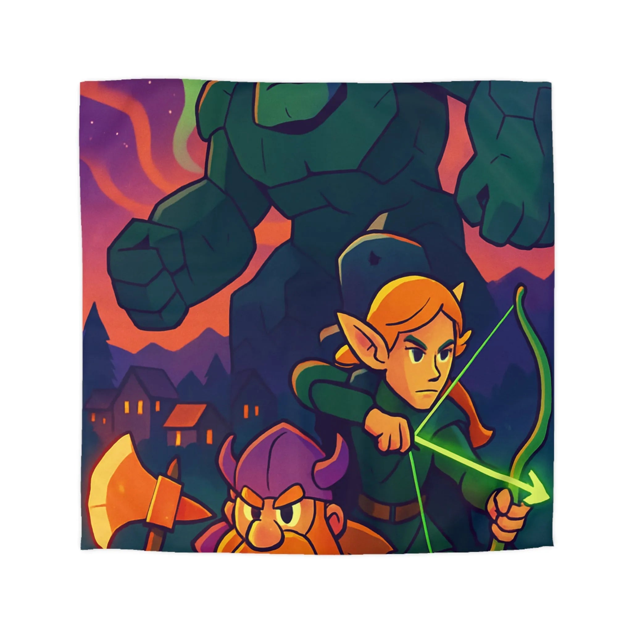 Housse de Couette Fantastique avec Guerrier, Archer et Golem sous Aurores Boréales Éclatantes