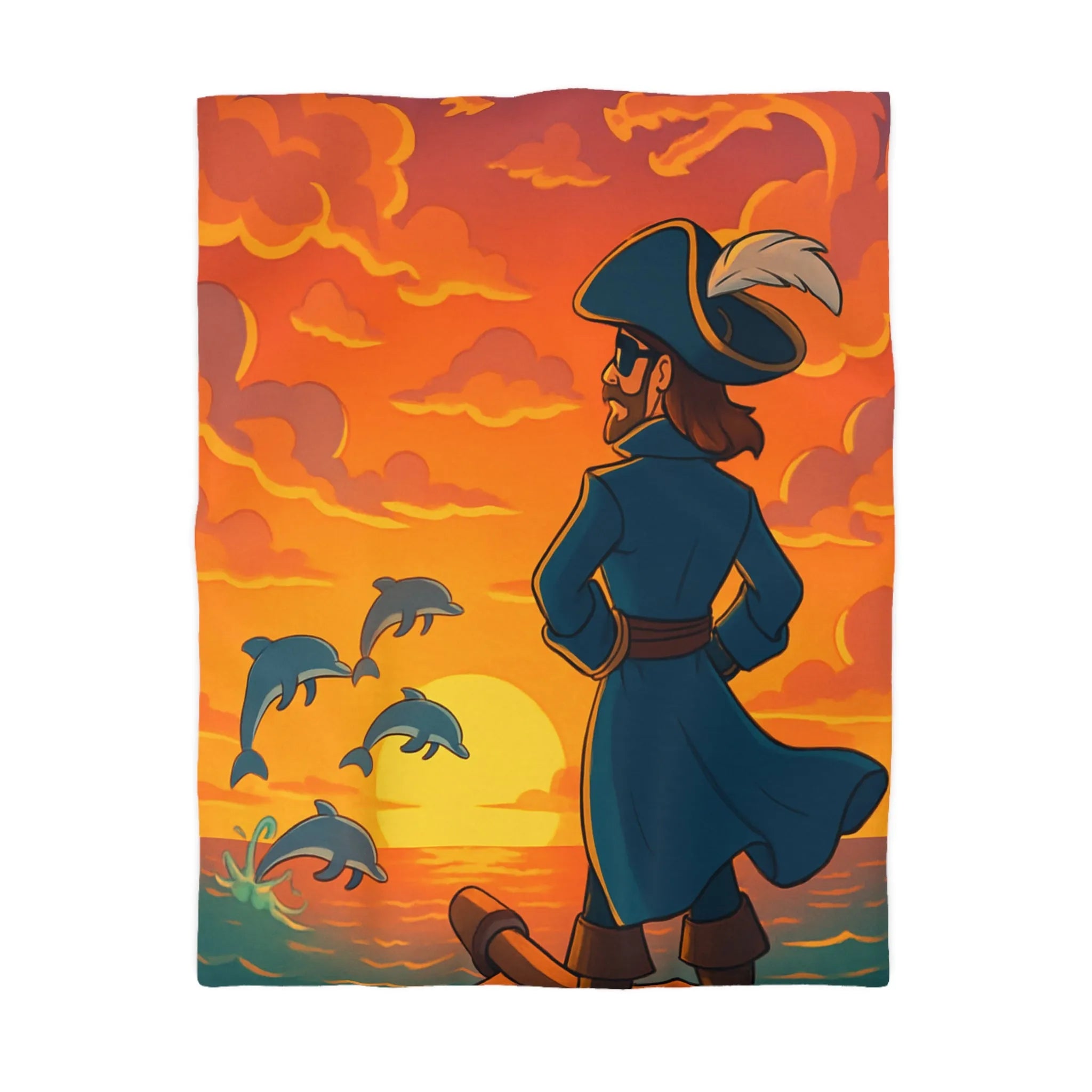 Housse de couette avec pirate contemplant dauphins sous ciel flamboyant au coucher du soleil