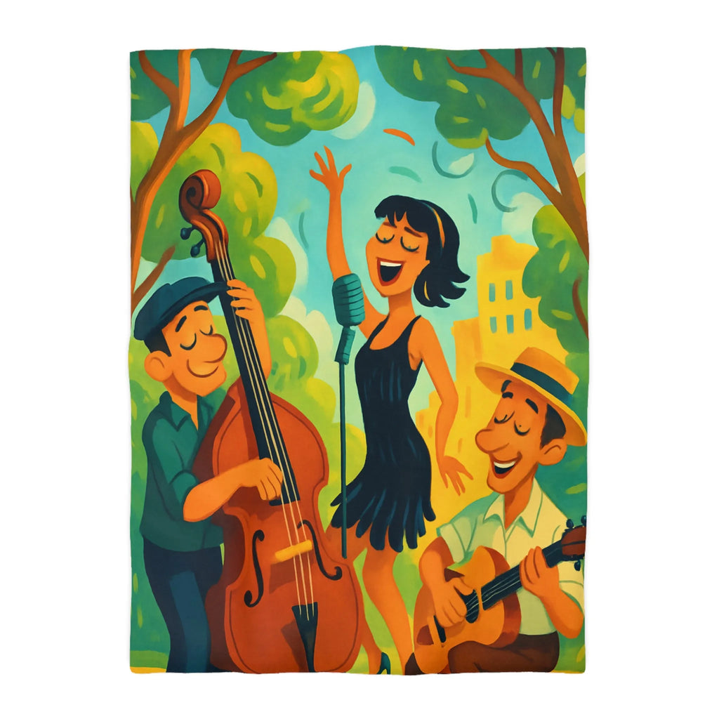Housse de couette colorée avec scène musicale rétro dans un parc ensoleillé