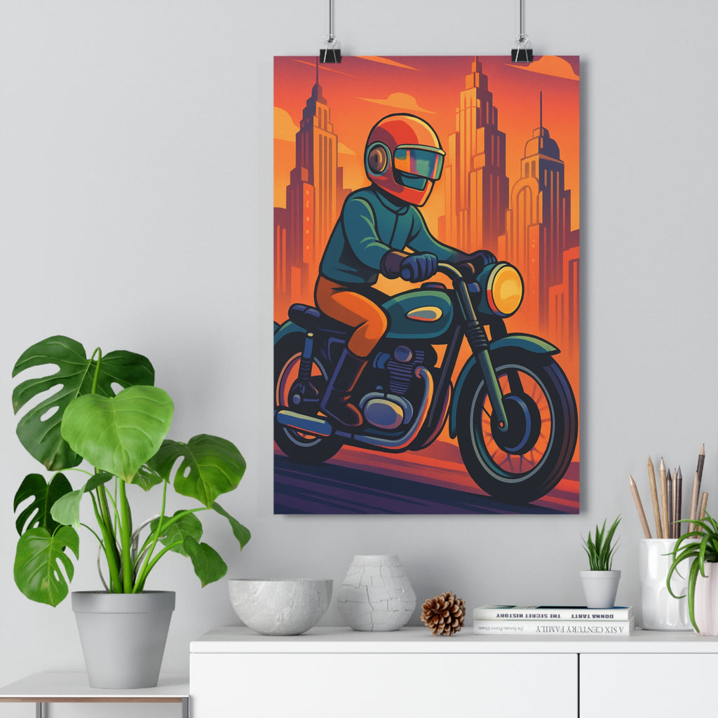 Poster décoratif rétrofuturiste moto casque dynamique orange violet bureau moderne vibrant style 30x46 qualité