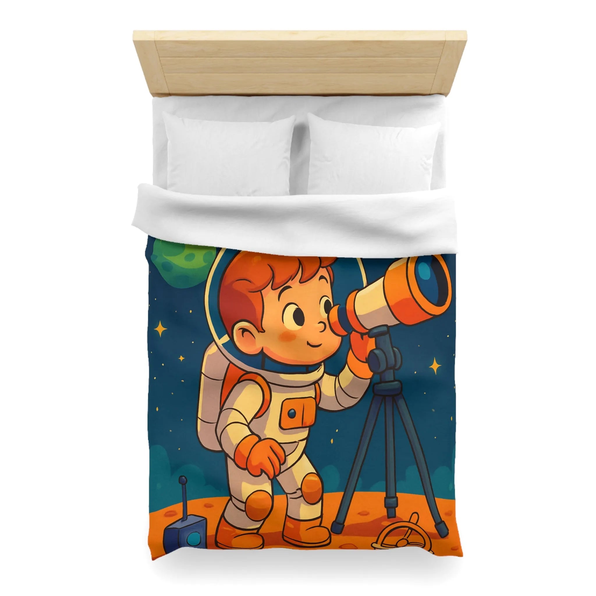 Housse couette enfant astronaute explorant planètes avec télescope carte étoilée