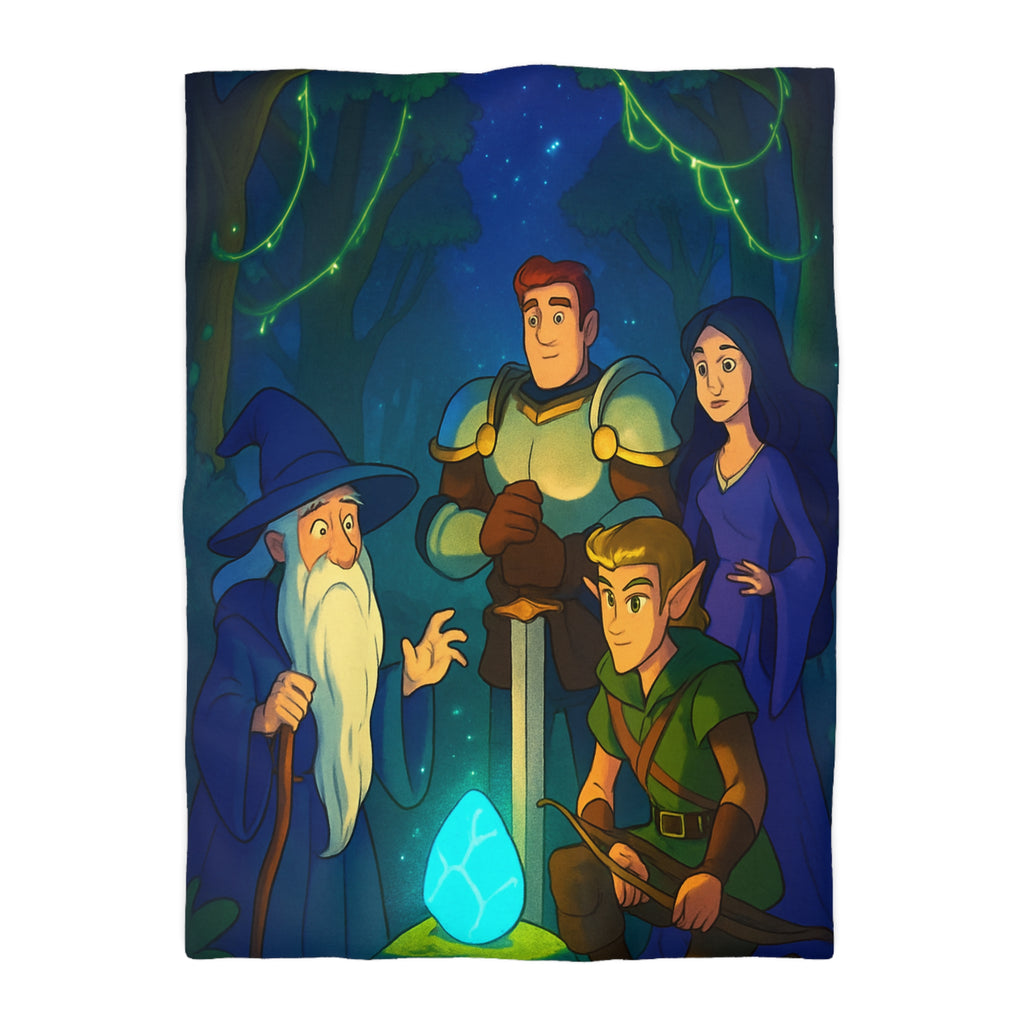 Personnages de Fantasy Réunis Autour d'un Cristal Lumineux dans la Forêt Enchantée